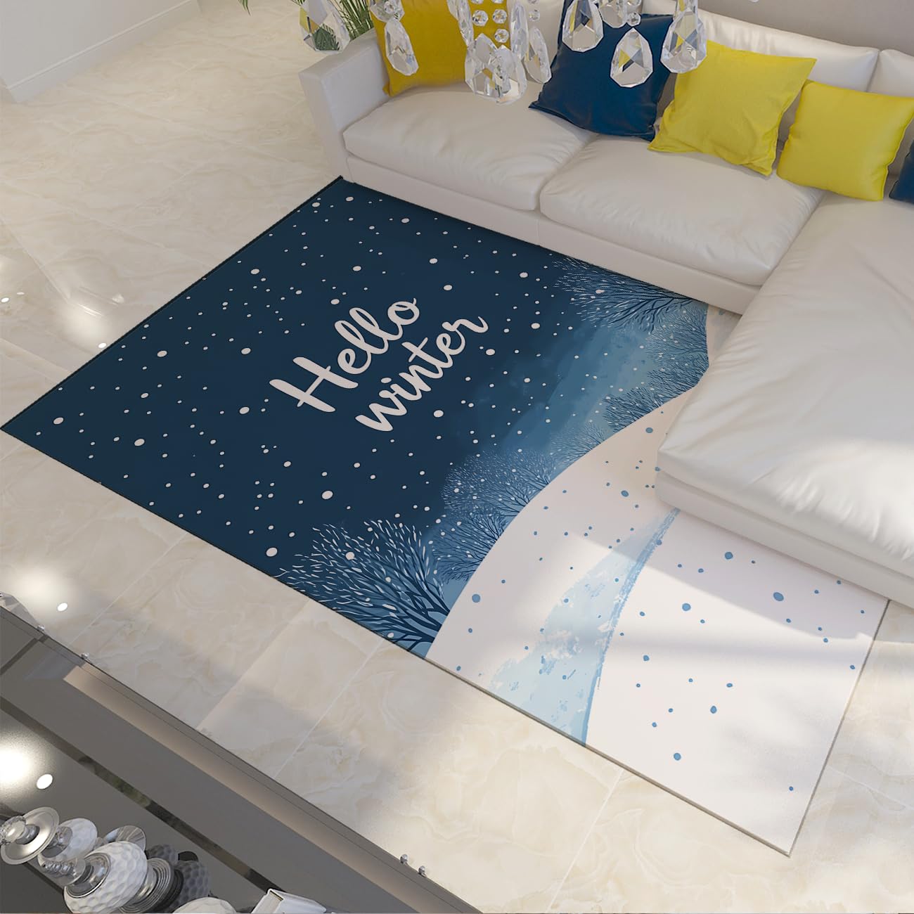 Tapis de sol hivernal arbre minimaliste pour un salon cosy