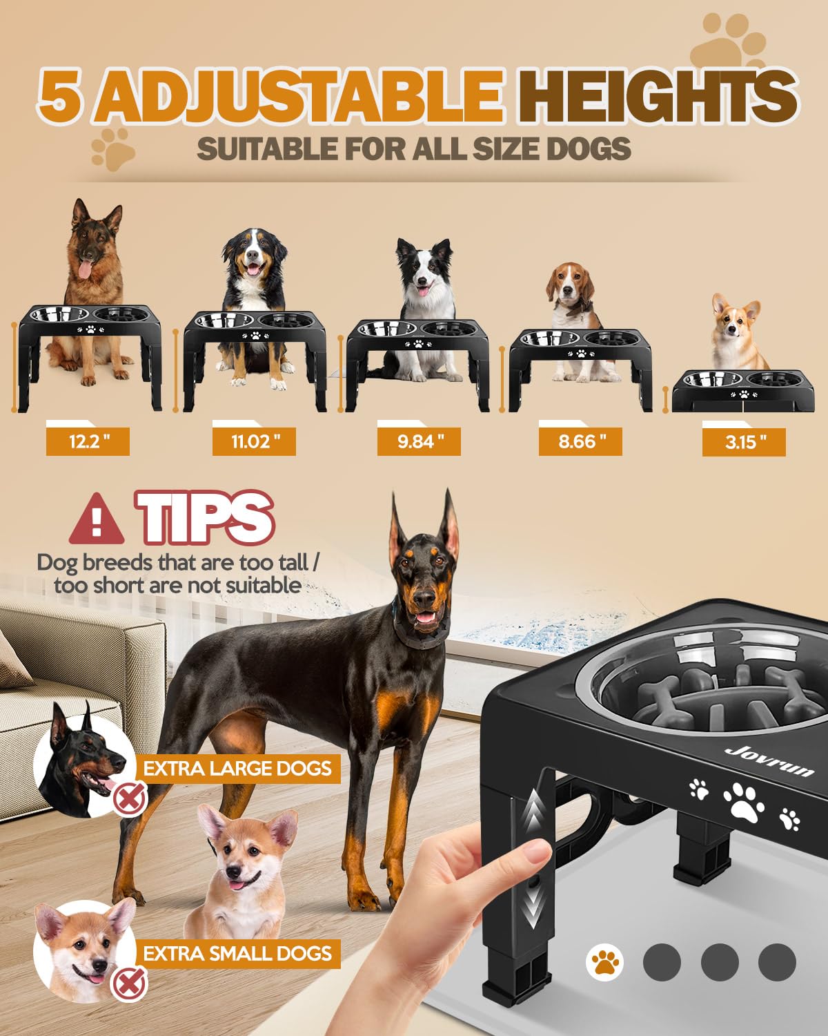 Jovrun Cuencos elevados para perros, soporte elevado ajustable de 5 alturas para perros pequeños, medianos y grandes, comedero para perros con 2 cuencos de acero inoxidable y 1 cuenco de alimentación