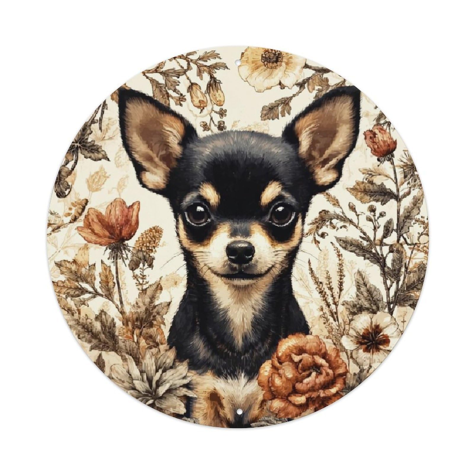 Floral Chihuahua Portrait Pattern Retro Metal Sign Round Tin Sign, Vintage Decor Art Poster for Bar, Home, Man Cave, Kitchen, Laundry Room Gift 8x8Inch