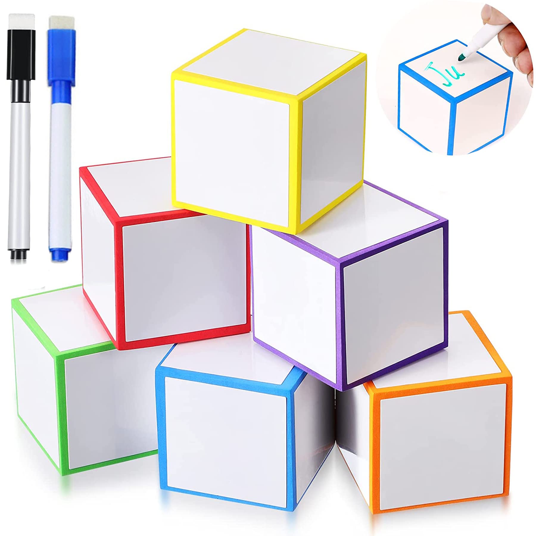 Juego de 16 bloques de borrado en seco, dados de espuma en blanco, cubos de borrado en seco con 5 rotuladores coloridos para juegos, matemáticas, aula, escuela, herramientas de aprendizaje primario
