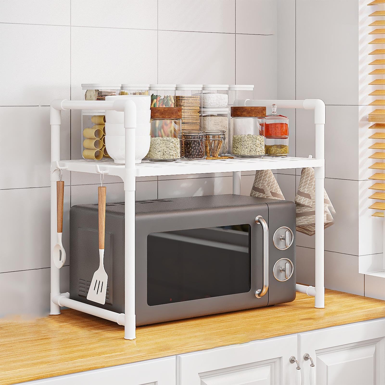 Estante para microondas, estantes de Cocina, Organizador de encimera, Estante de Almacenamiento Ajustable Resistente con Ganchos, estantes de Almacenamiento para ollas y Parrillas para Cocina
