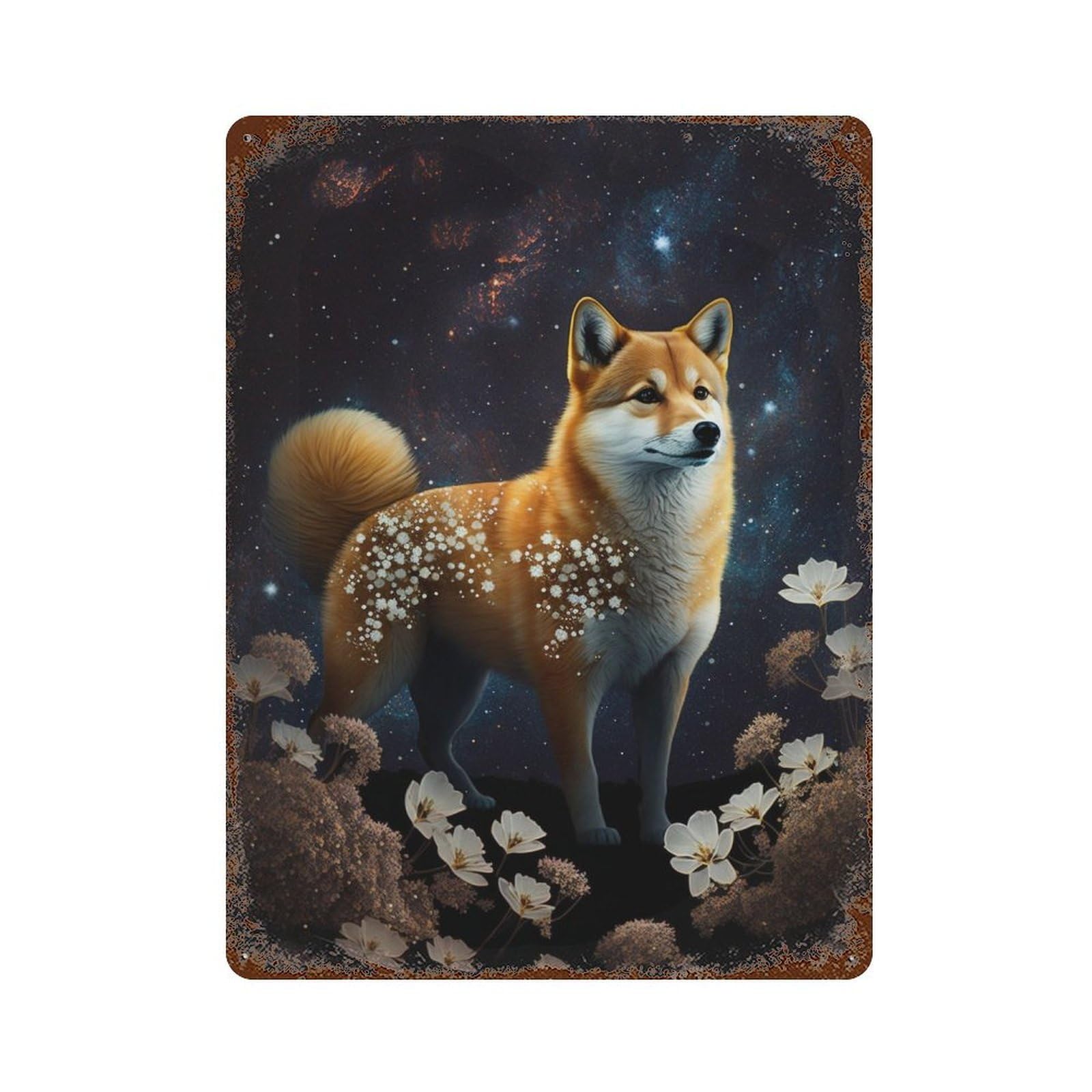 Magical Fox in Starry Night Rust Effect Tin Sign 15.7"x11.8", Novelty Wall Decor for Patio, Garden Room And Bar Decor