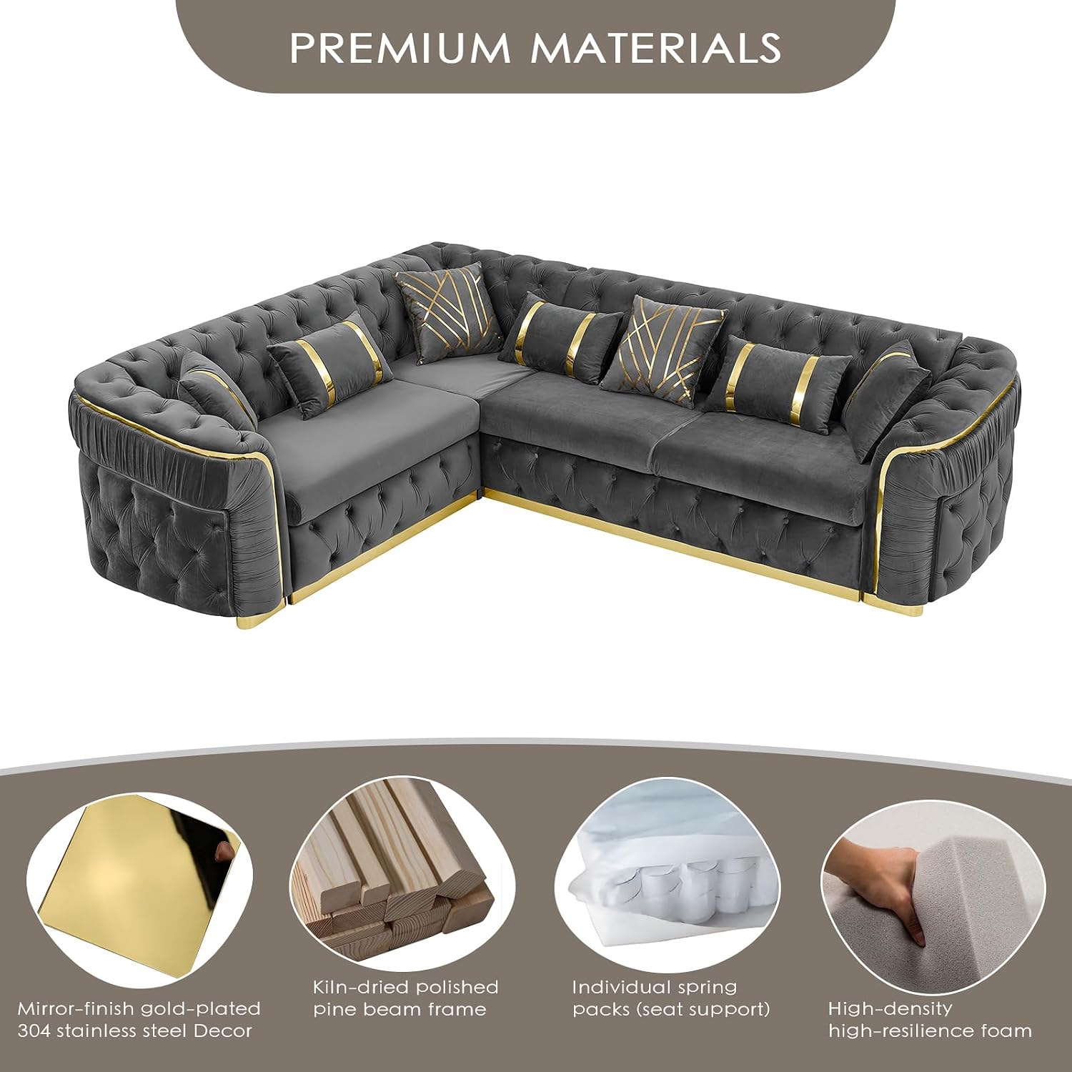 110.5" Luxury Velvet L Shape Chesterfield Sofa Set with Glod Metal Accents, Oversize Victorian Curved Arm Sofa Sectional Couches for Living Room with 7 Pillows, Left Chaise, Gray