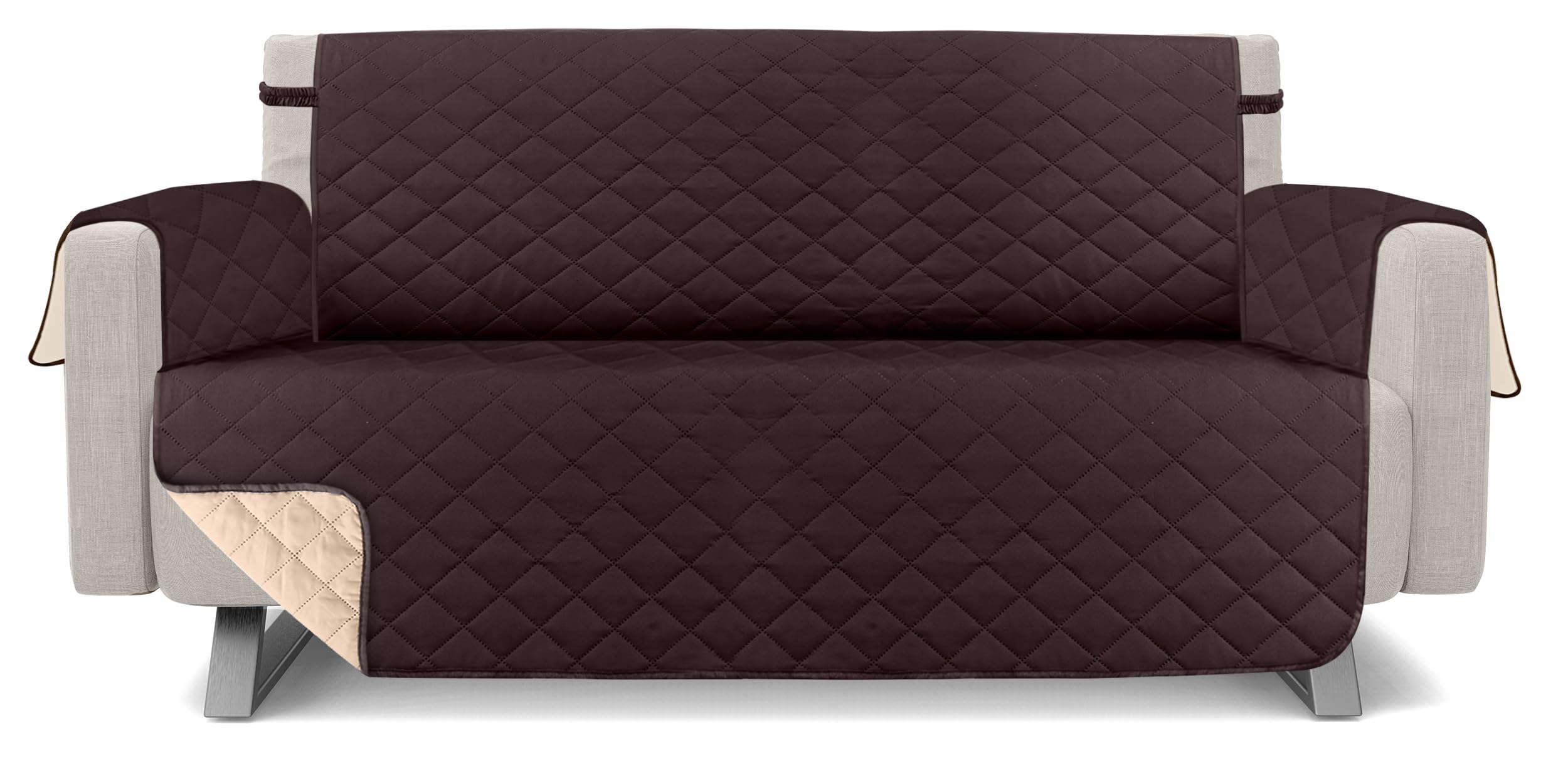 utopia bedding reversible sofa couch cover, water resistant slipcover furniture protector with foam sticks and elastic straps for kids dogs pets (3 seater, chocolate/beige)