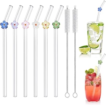 Pack of 6 Long Glass Straws, Reusable, Curved Glass Straws, Glass Straws with Motif, Drinking Straws Glass for Bubble Tea, Ju