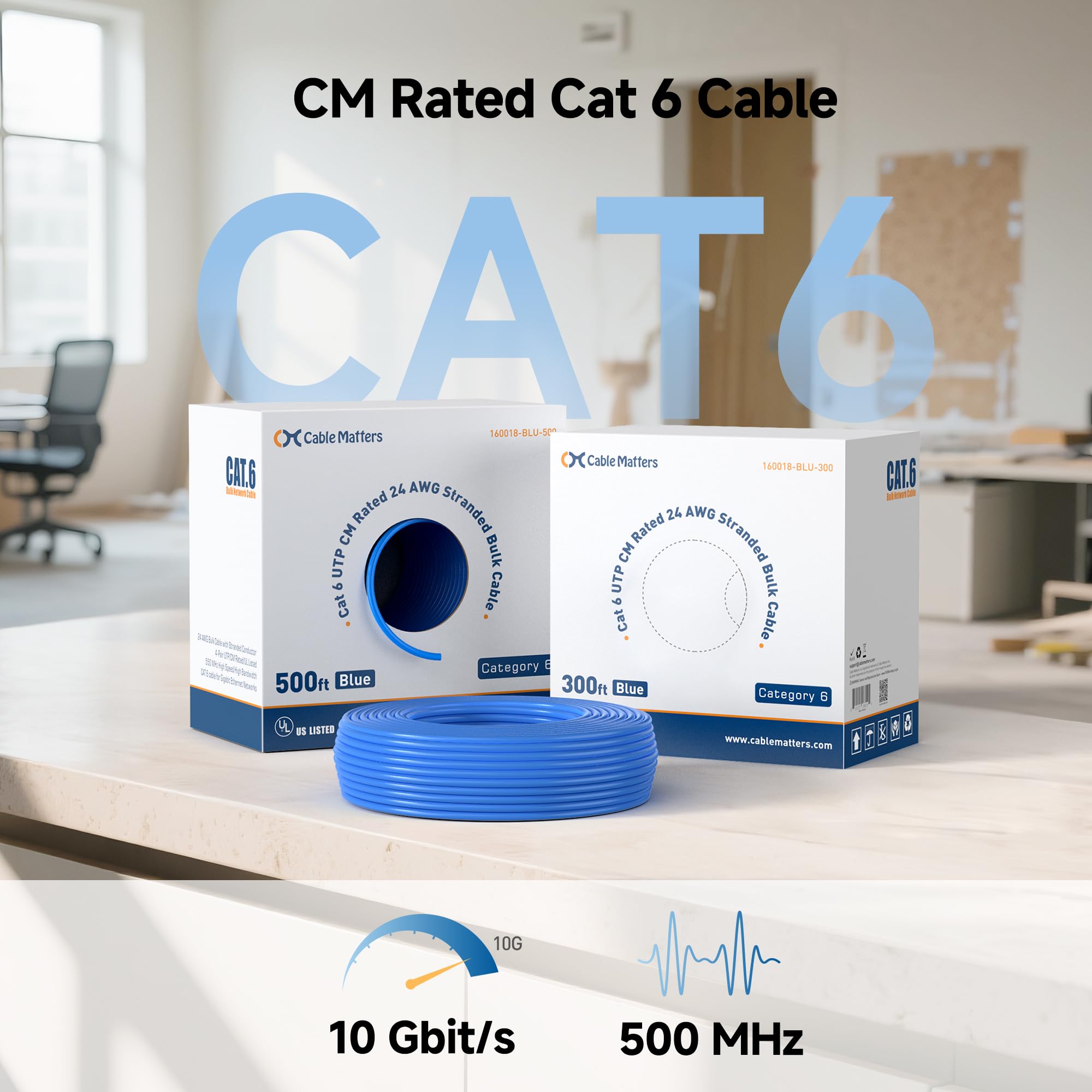 Cable Matters Cavo Ethernet Cat 6 intrecciato da 10 Gbps CM nominale 24 AWG, 91,4 m, rame nudo, UTP, bobina Cat6 per cavo patch Ethernet, blu