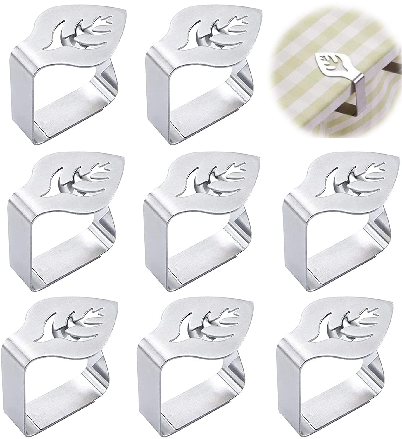 DELFINO Table Cloth Clip, 8 Pcs Stainless Steel Thickened Tablecloth Clamp Holder, Adjustable Table Cover Clamps Table Cloth Holders for Home Picnic Party Wedding Outdoor and Indoor (Leaf)