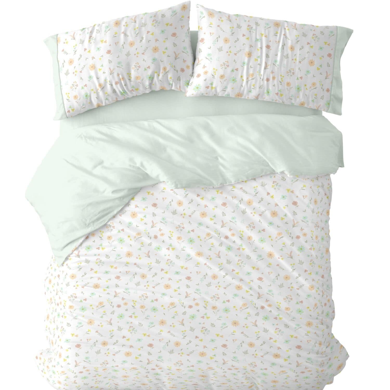 Burrito Blanco | Funda Nórdica Estampada Algodón Mezcla Cama 150-160 Menta | Incluye Bajera y 2 Fundas de Almohada | 50% Algodón 50% Poliéster | 144 Hilos | Tacto Suave | Larga Duración