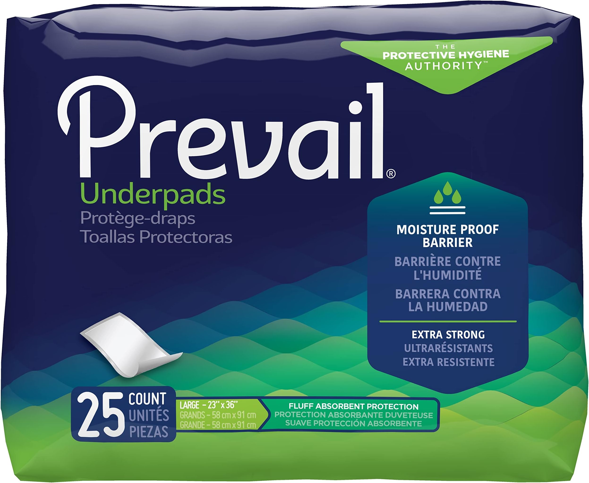 Prevail Incontinence Underpads, Unisex Disposable Underpads for Men & Women, Fluff Absorbent, 23" X 36", 25 Count Bag