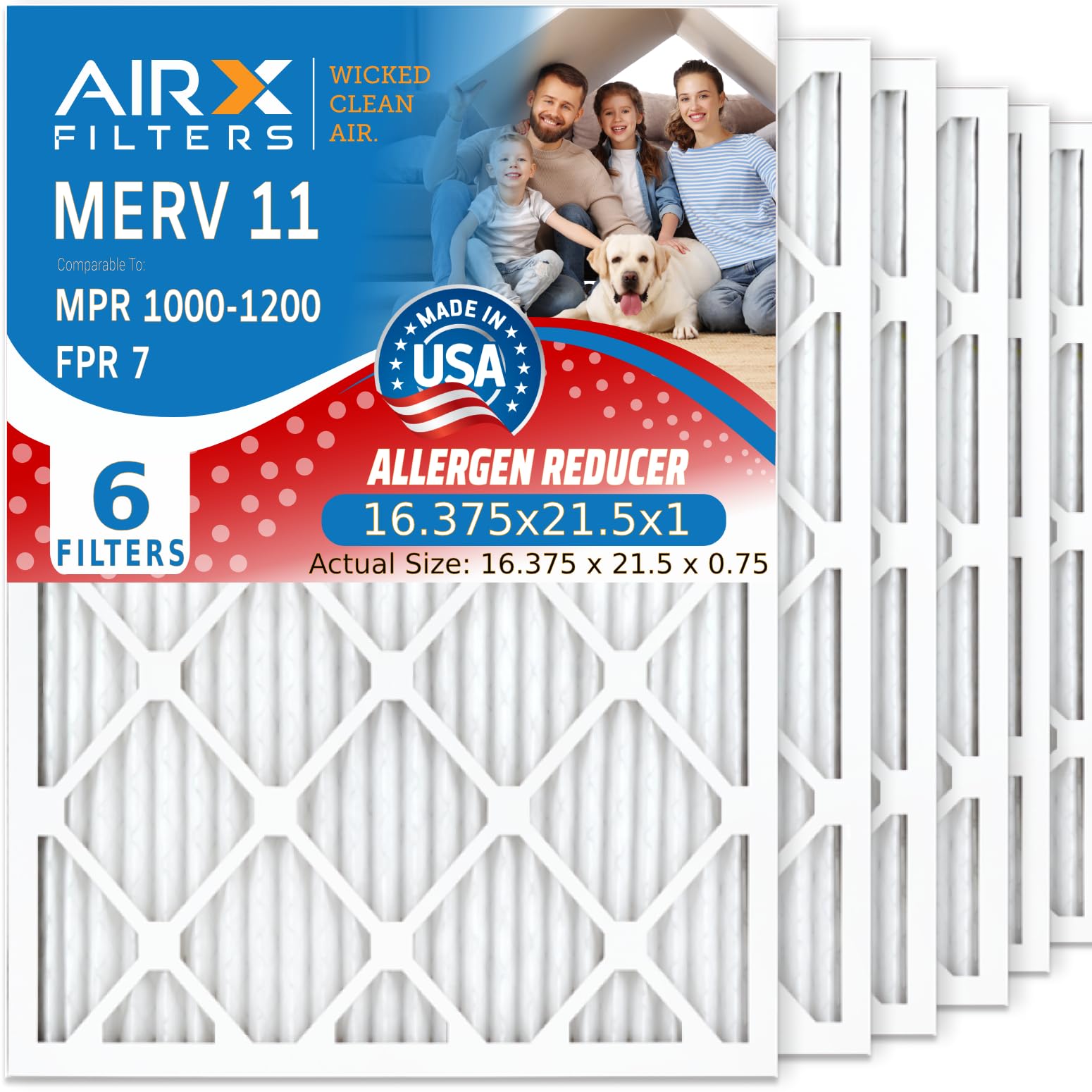 AIRx Filters Wicked Clean Air Merv 11 Elektrostatischer Faltenfilter für Klimaanlage, 16,375 x 21,5 x 1, 6 Stück