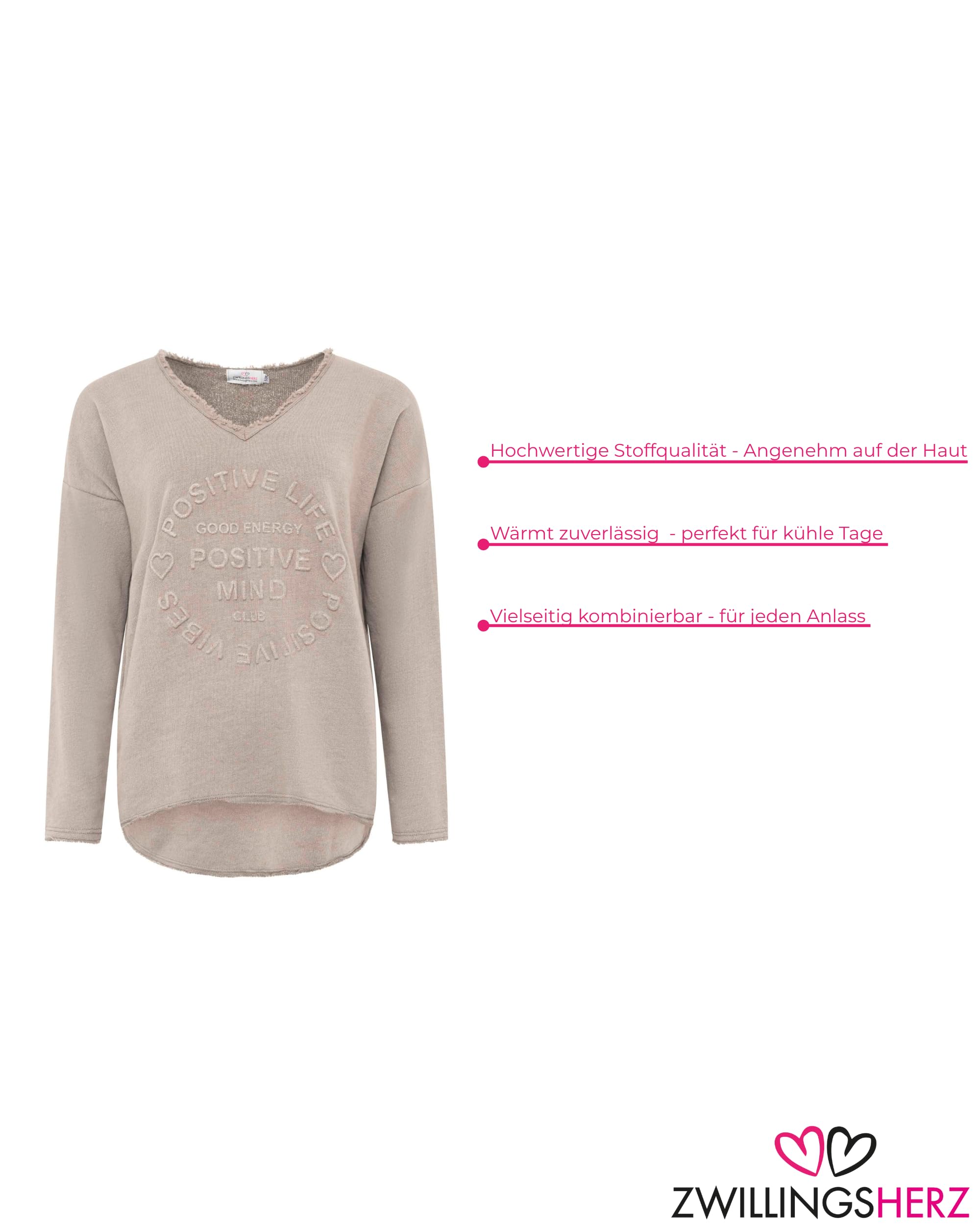Zwillingsherz Sweatshirt Positiv für Damen Frauen – Hochwertiger Baumwoll Pullover Hoodie Pulli Langarm kuschelig weich Langarmshirt Oversized Sommer
