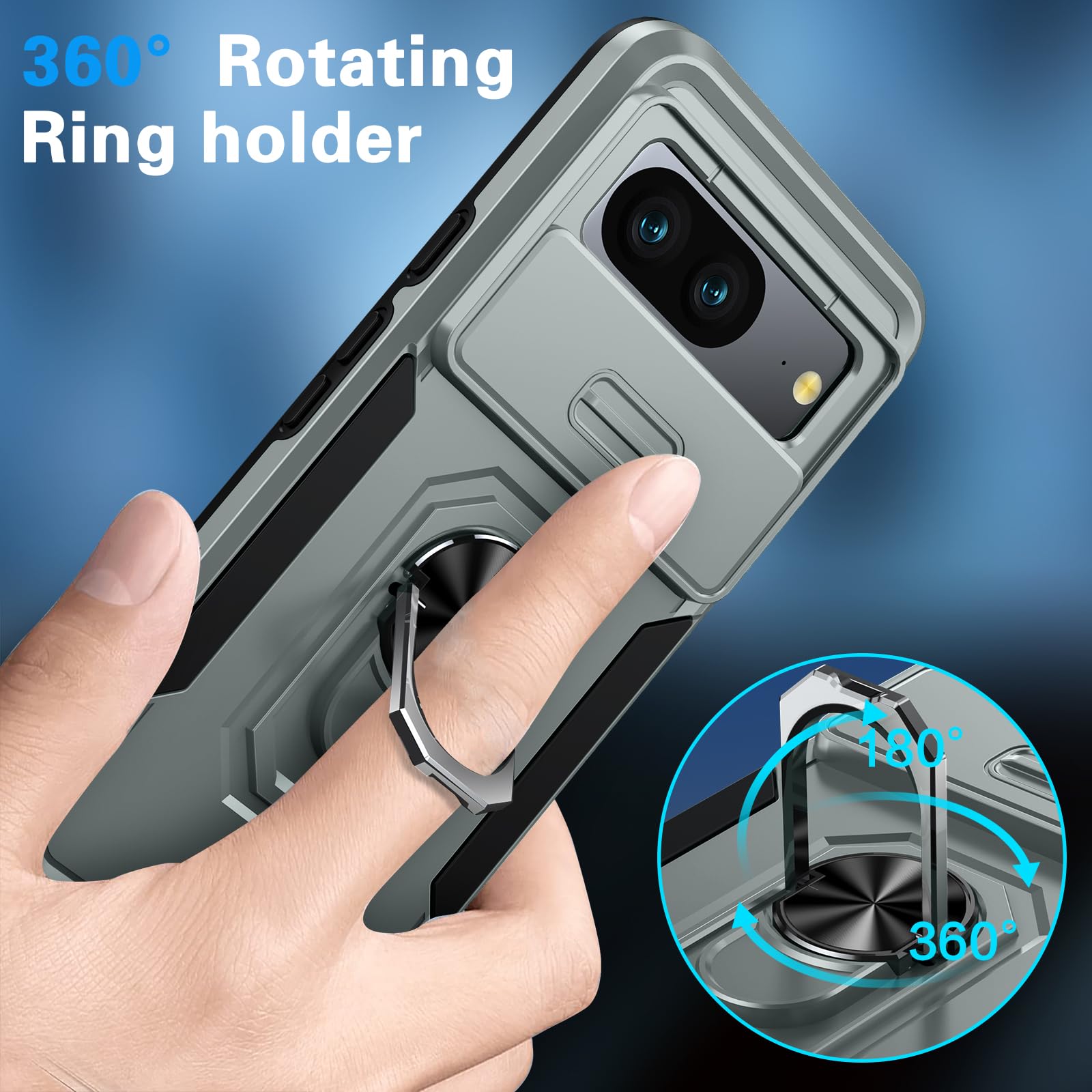 DEERLAMN Custodia per Google Pixel 8 con copertura per fotocamera scorrevole pellicola protettiva (1 confezione), anello ruotato, cavalletto di grado militare, antiurto, resistente, custodia