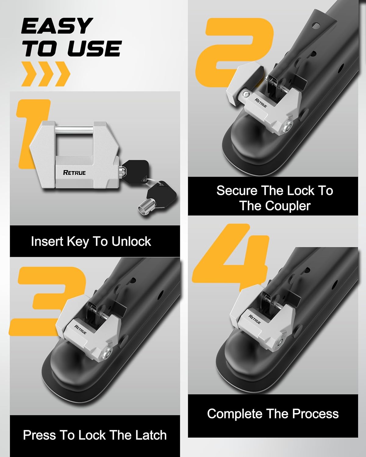 RETRUE Cyber Lock™ Heavy Duty Trailer Coupler Lock, Upgraded Trailer Lock with Extra Wide 1.2" Span & 1/4" Diameter, Anti-Theft Tongue Locks for RVs, Boats,Trucks –Tow Hitch Security Accessory-Silver