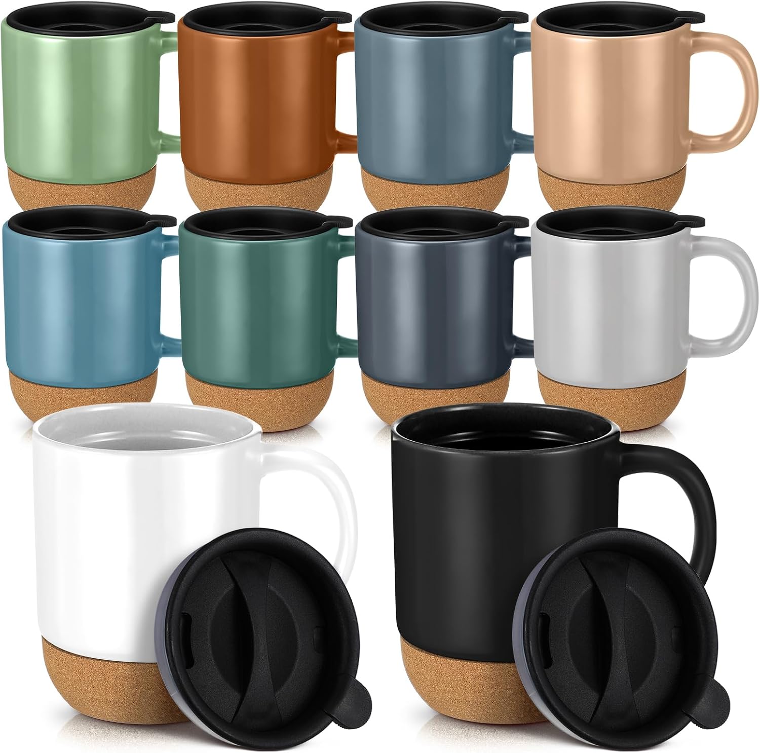 10 Set Ceramic Coffee Mug with Lid Cork Bottom 15 oz Cups with Handle Neutral Color Bulk Coffee Mugs for Employee Team Staff Medical Assistant Nurses Pharmacists Radiology