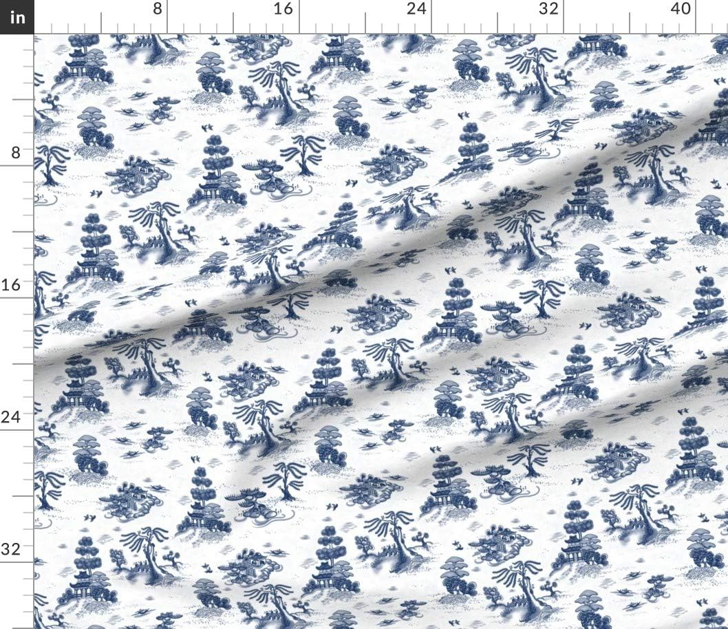 Spoonflower Fabric - Blue, Willow, Toile, Temple, Trees, Bird, Garden, Asian, China, Japan, Printed on Cotton Poplin Fabric by The Yard - Sewing Shirting Quilting Dresses Apparel Crafts