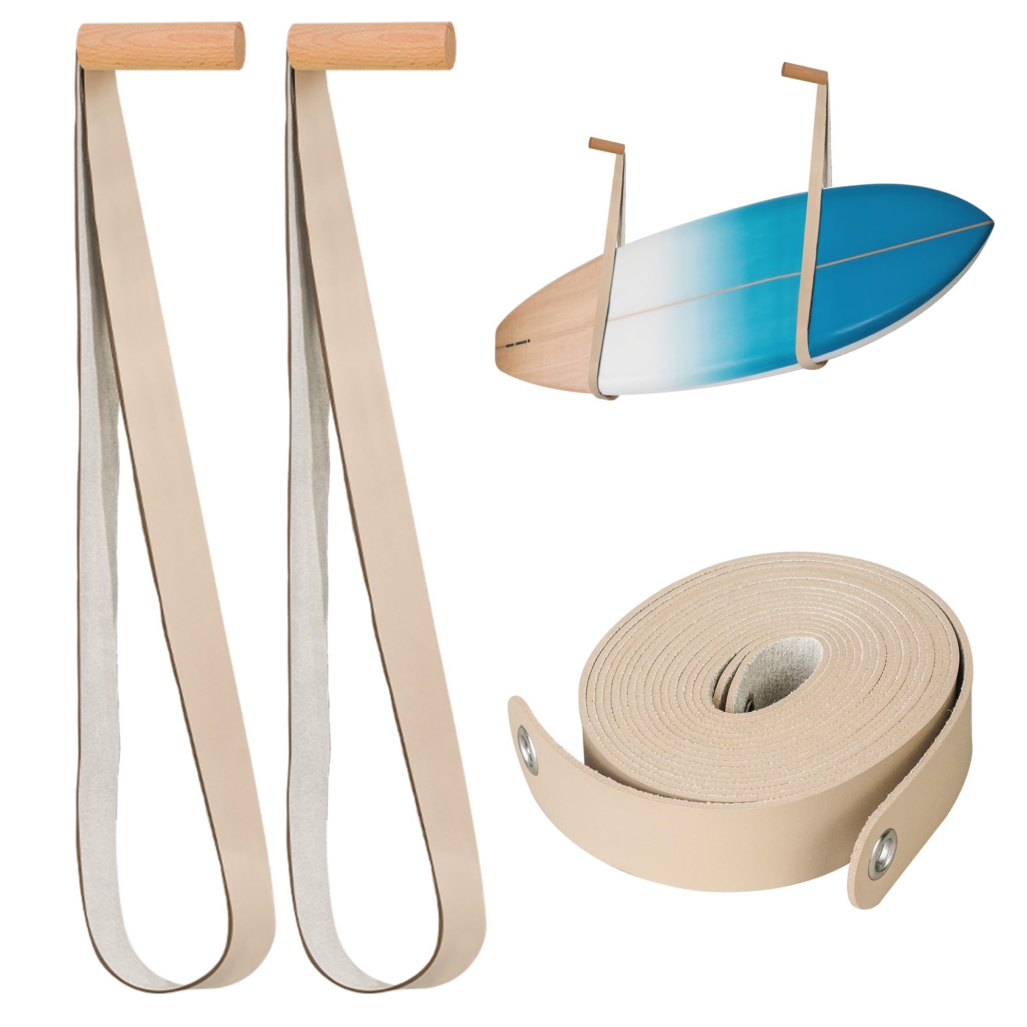 HTZSSON Surfboard Wall Mount - Surf Board Wall Hangers,Surfboard Rack,Beautiful Sustainable Wood & Leather Rack,Space-Saving Surfing Accessories for