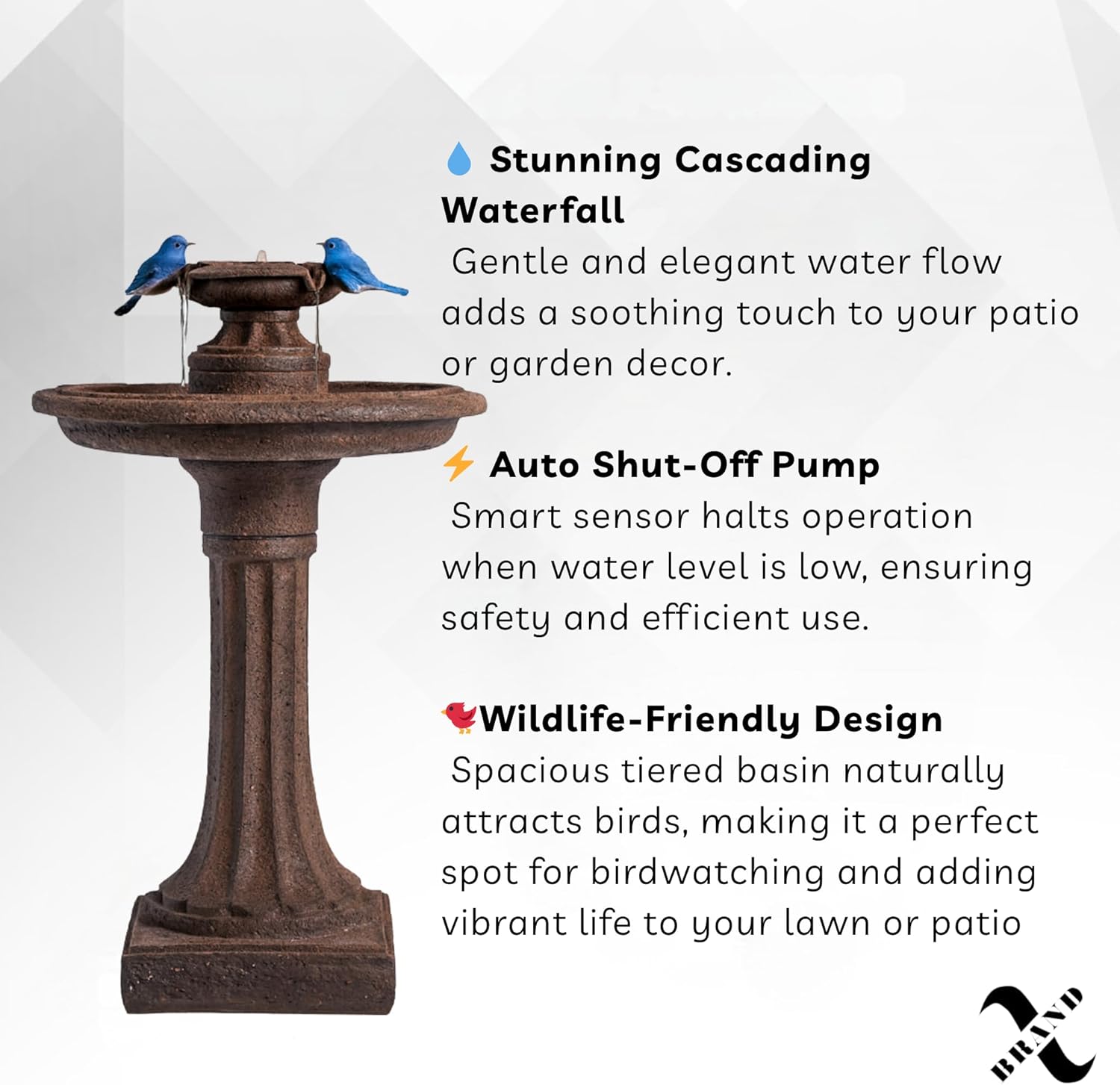 XBrand 28" Outdoor Bird Bath Fountain, Brown Resin, Decorative 1-Tier Water Feature for Patio