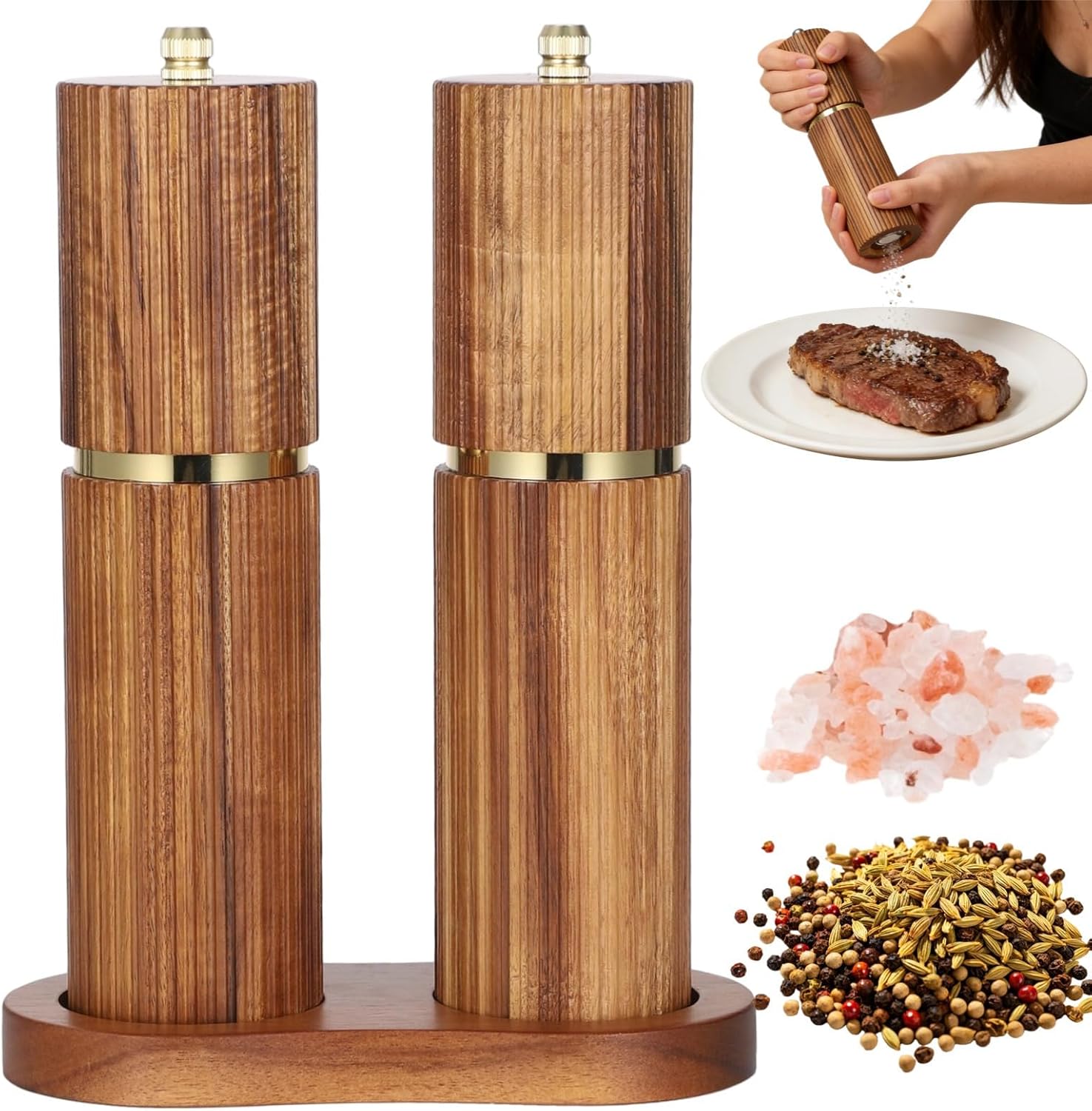 Refillable Natural Wood Seasoning Mills, Wooden Salt and Pepper Grinder Set with Adjustable Coarseness, Includes Tray, Manual Pepper Mill and Salt Grinder