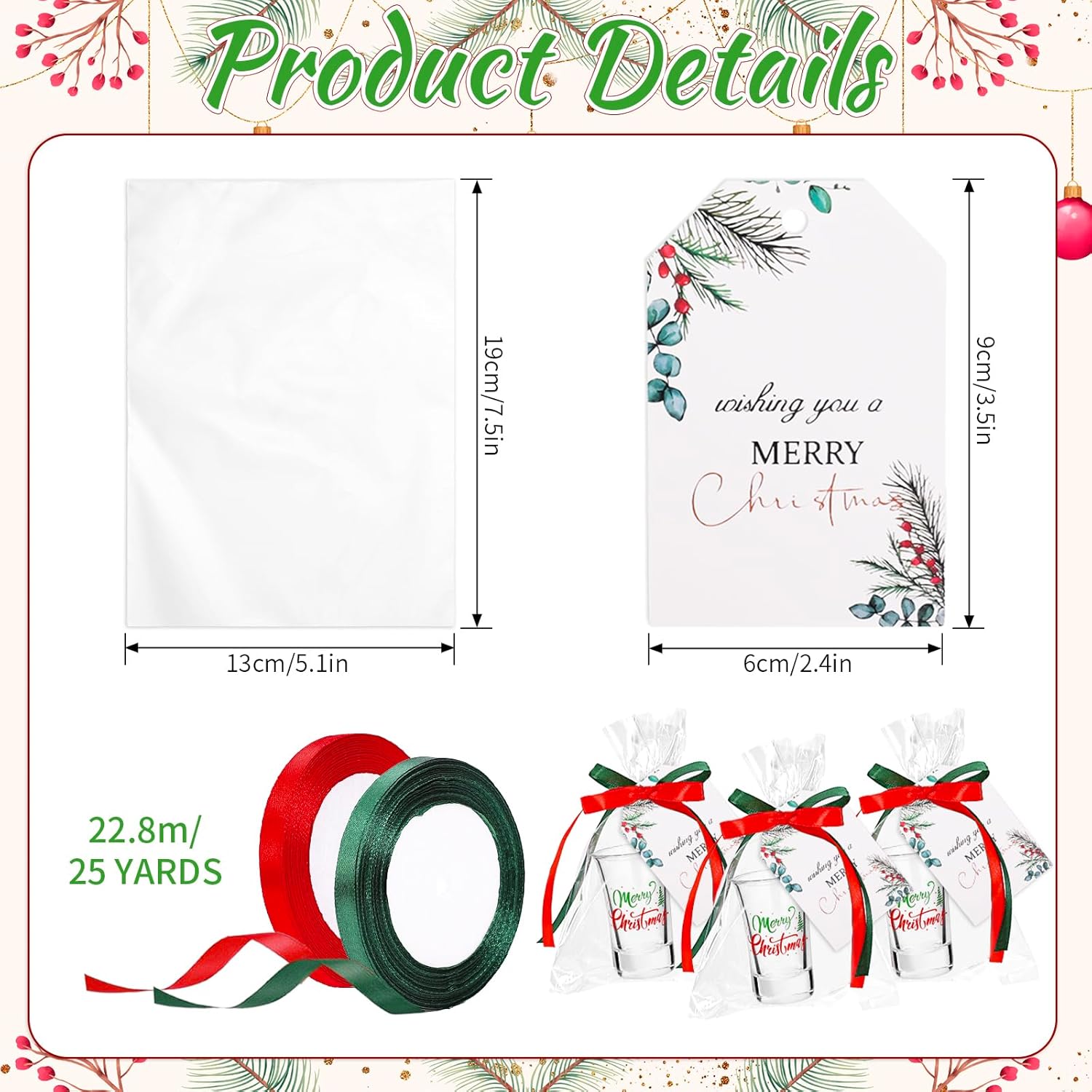 Whaline 24 Sets Merry Christmas Shot Glasses 1.5oz Red Green Shot Glass Cups with Xmas Paper Tags Clear Organza Bags and Ribbons for Christmas Holiday Drink Party Supplies