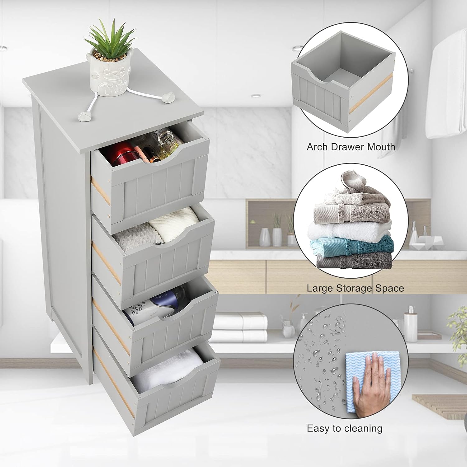 Bonnlo Bathroom Organizer and Storage Wooden Side Bathroom Cabinet with 4 Drawers Free Standing Cabinet White for Bathroom Bedroom Living Room Hallway, 11 13/16" x11 13/16" x32 3/8" (Grey)