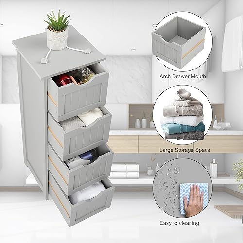 Miniatura 4 de Bonnlo Organizador de baño y almacenamiento lateral de madera con 4 cajones, gabinete de pie blanco para baño, dormitorio, sala de estar, pasillo,