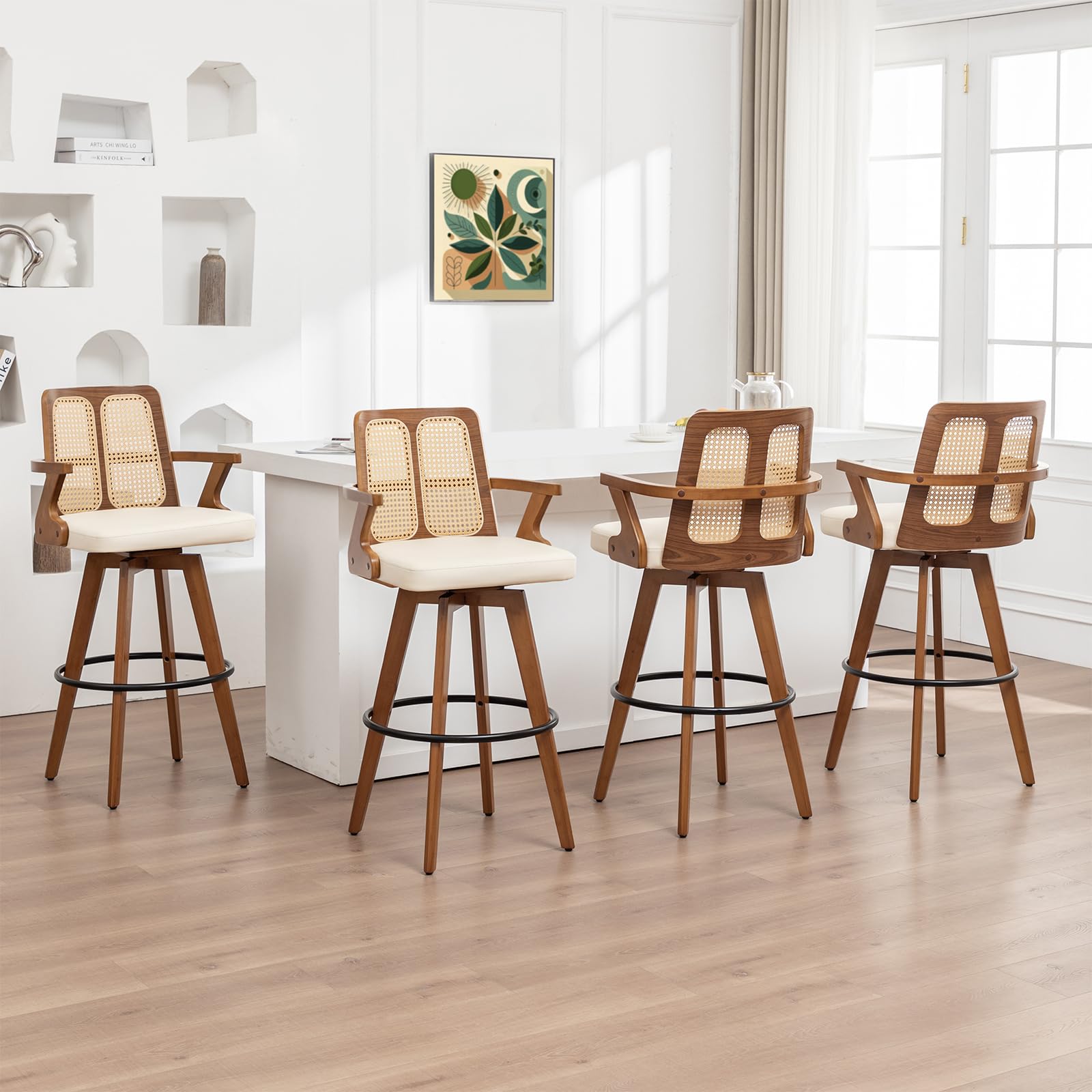 Counter Height Bar Stools Set of 4 - 26 inch Kitchen Island Stools with Rattan Back, Curved Arms, Walnut Craftsmanship,Faux Leather, Swivel CounterStools for Kitchen/Island (27" Seat Height, Beige)