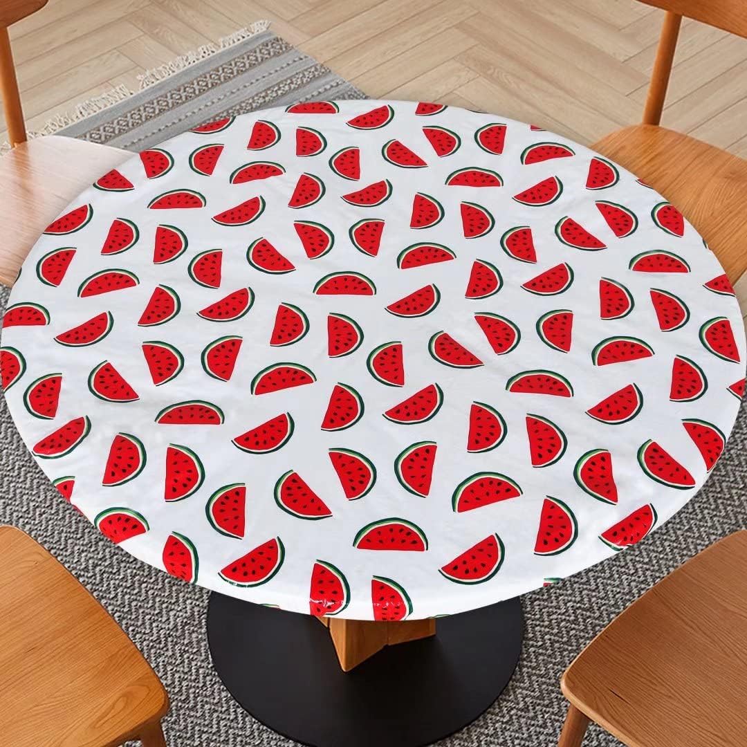 Fitable Watermelon Fitted Table Cover - Waterproof Spring & Summer Elastic Edged Tablecloth Vinyl Wipeable Table Cloth for Dining Table, Dinner, Party, Family Gathering (Fit for 36"-44" Round Tables)