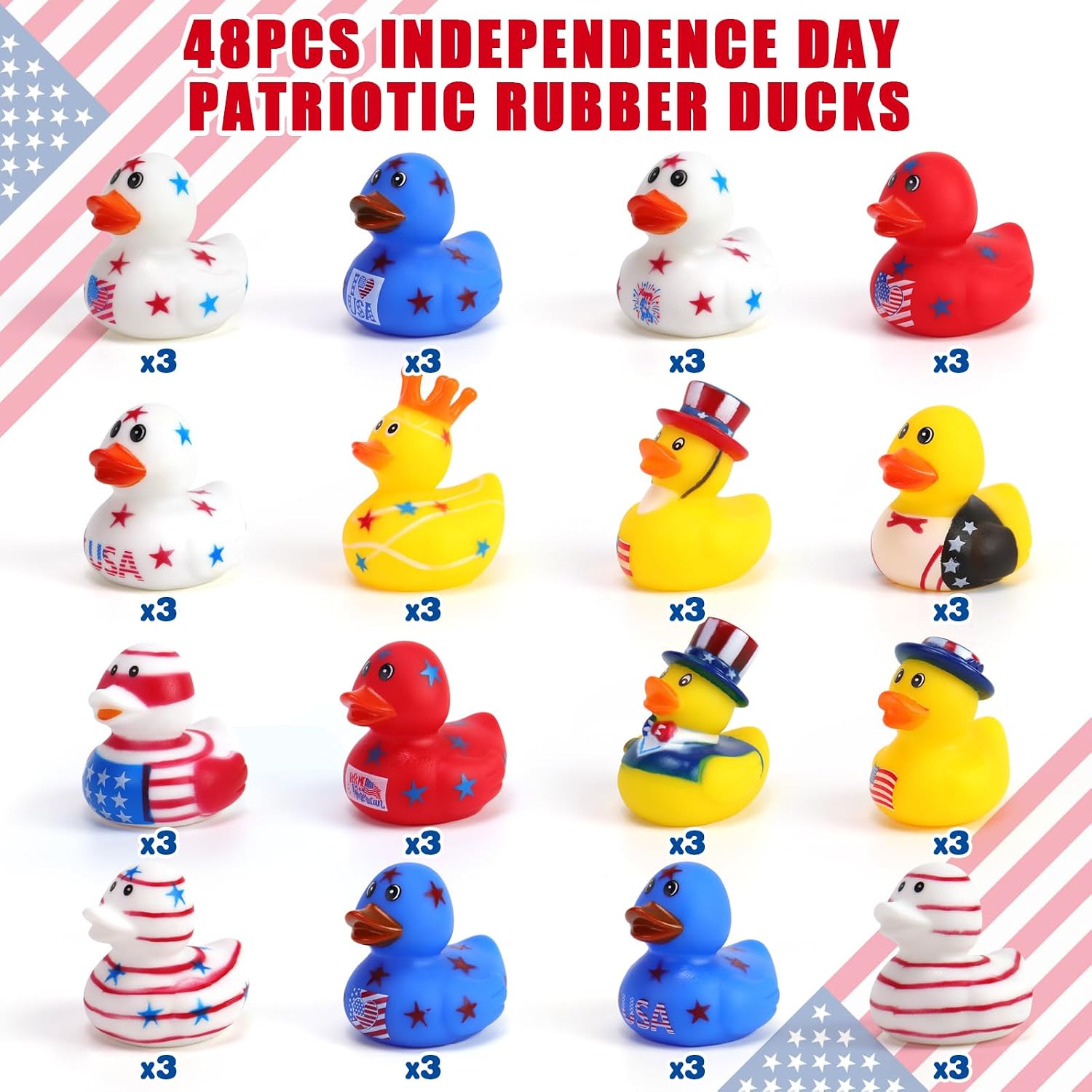 48 Pcs 2 Inch 250th Anniversary Patriotic Rubber Ducks in Bulk, 4th of July Ducks Bath Toys for Kids, Independence Day Memorial Day Decorations for Gifts Jeep Baby Shower Party Favors Decor Supplies