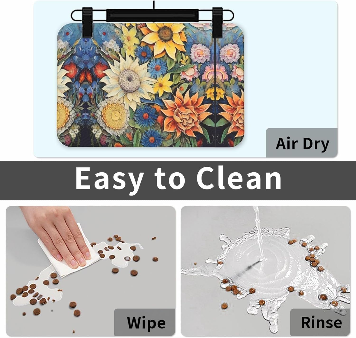 40x60cm Pet Absorbent Feeding Mat - Oil on Canvas Sunflower Print Leather Non-Slip Placemat, for Dog Cat Food and Water Bowl Pads