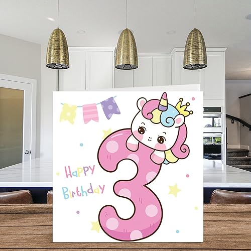 Miniatura 3 de Tarjeta de cumpleaños de 3er cumpleaños para niña, tarjeta de cumpleaños mágica de unicornio, tarjeta de feliz cumpleaños para niña de 3 años,
