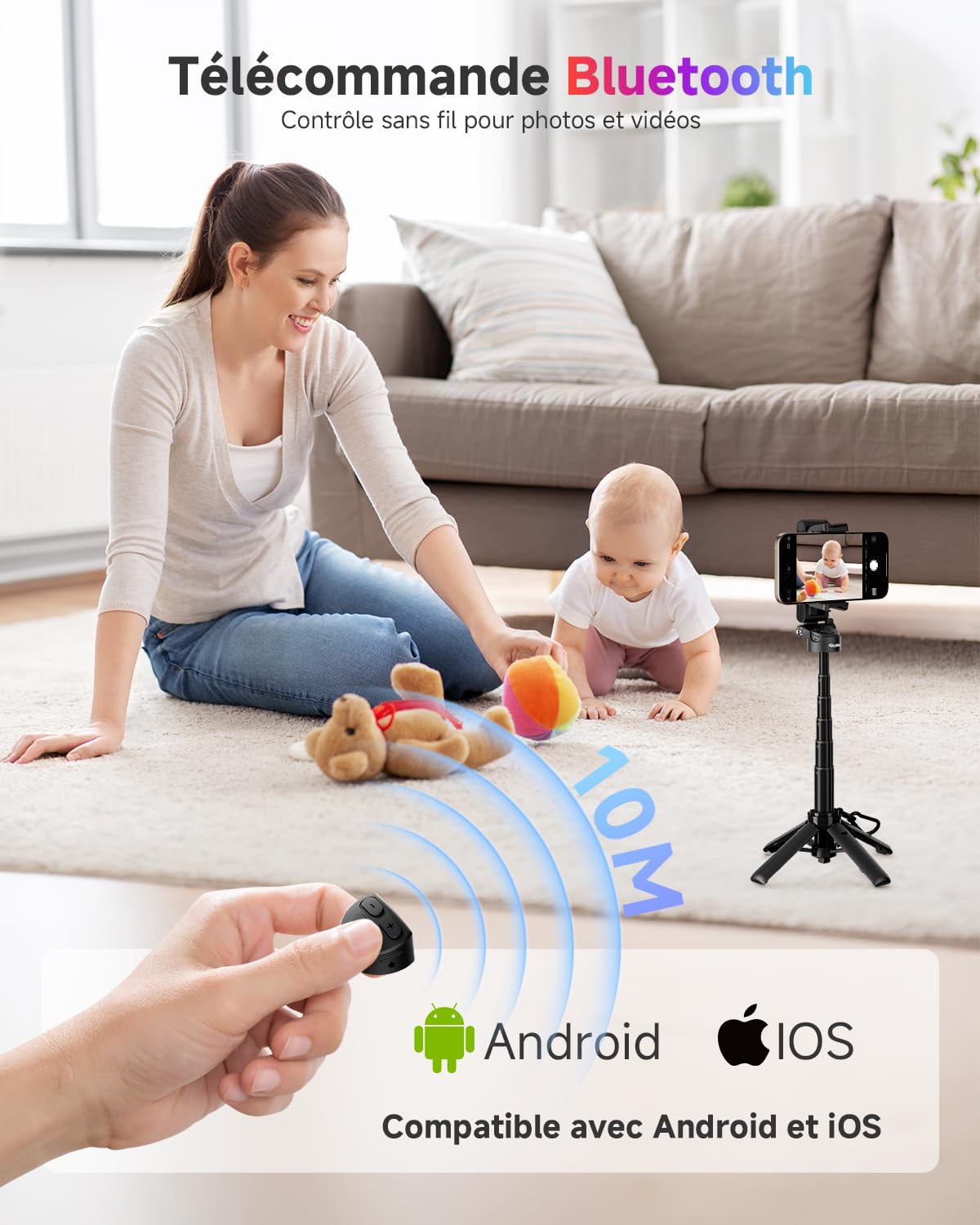 Rollei Trépied Smartphone Easy Creator SmartGrip 3-en-1 Perche à Selfie Extensible avec Télécommande Petit Trepied Telephone Portable avec 2 Supports Cold Shoes,Trepied-Smartphone-Perche-Selfie-Stick