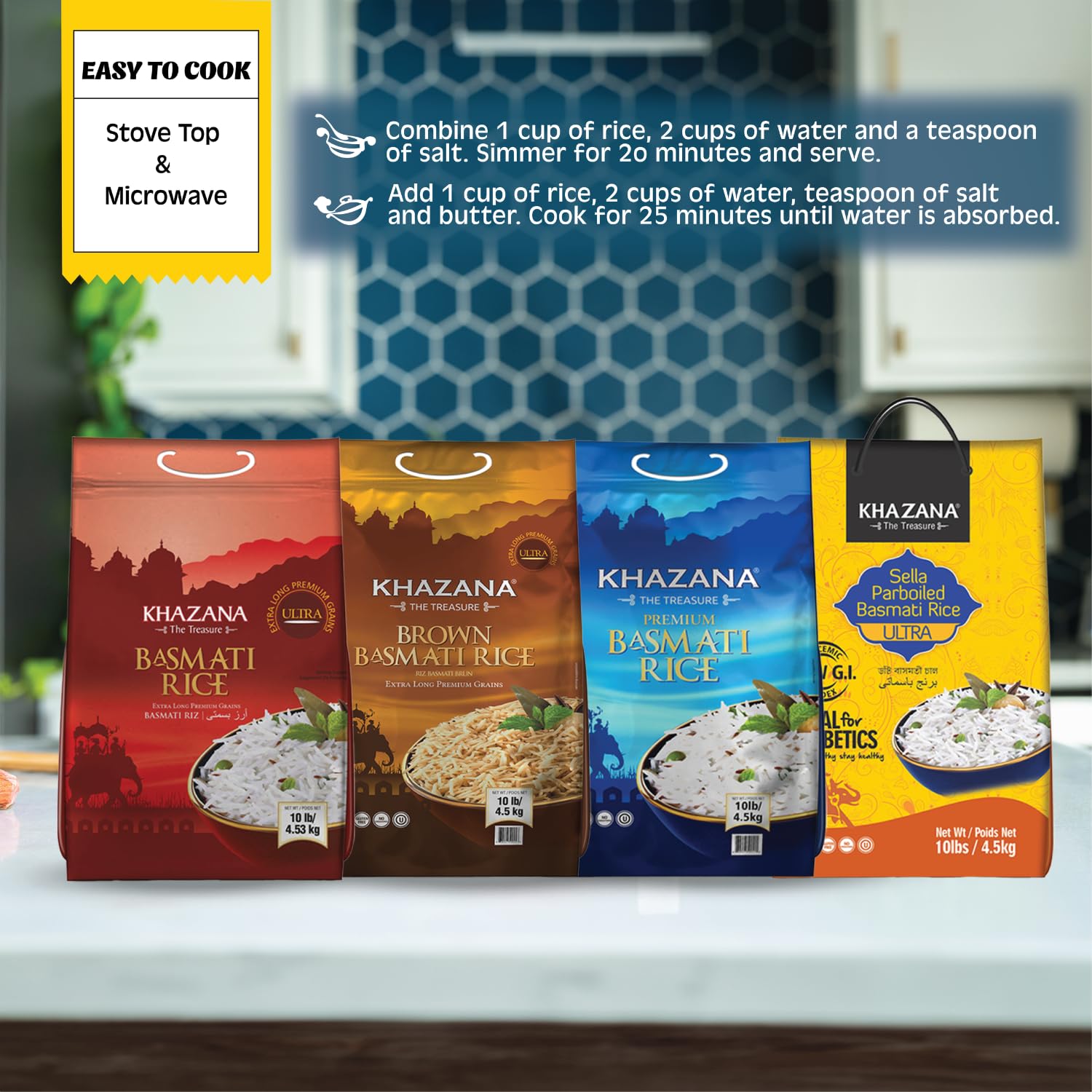 Authentic Ultra Long Sella Parboiled Basmati Rice by Khazana in 10 lb Bag - Aromatic and Flavorful Indian Grain - Non-GMO, Gluten Free, Kosher, Cholesterol Free