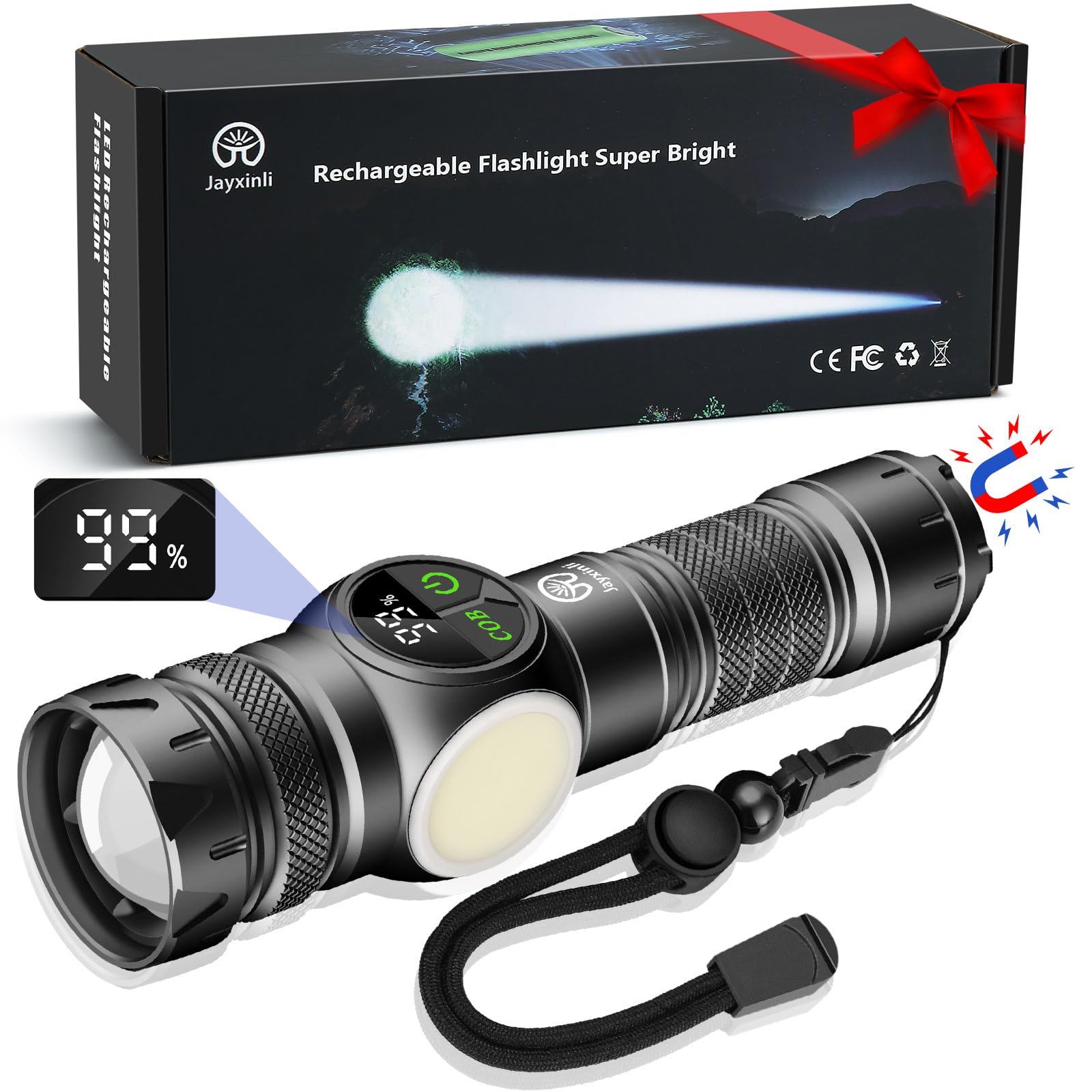 Jayxinli Latarka 30000 lumenów z magnesem, super jasna latarka LED z wyświetlaczem LCD, latarka Power z 9 trybami oświetlenia COB i funkcją zoomu