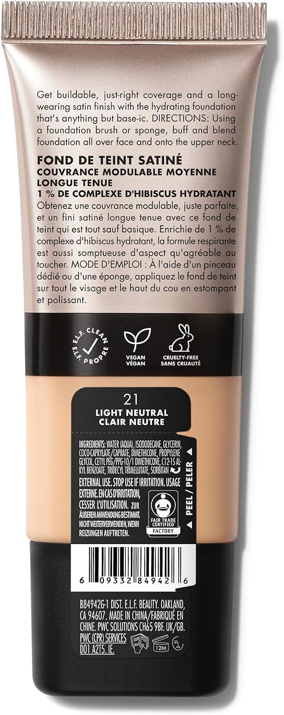 e.l.f. Soft Glam Foundation, Medium Coverage, Long-Lasting & Buildable Foundation For A Smooth, Satin Finish, Vegan & Cruelty-Free, 21 Light Neutral