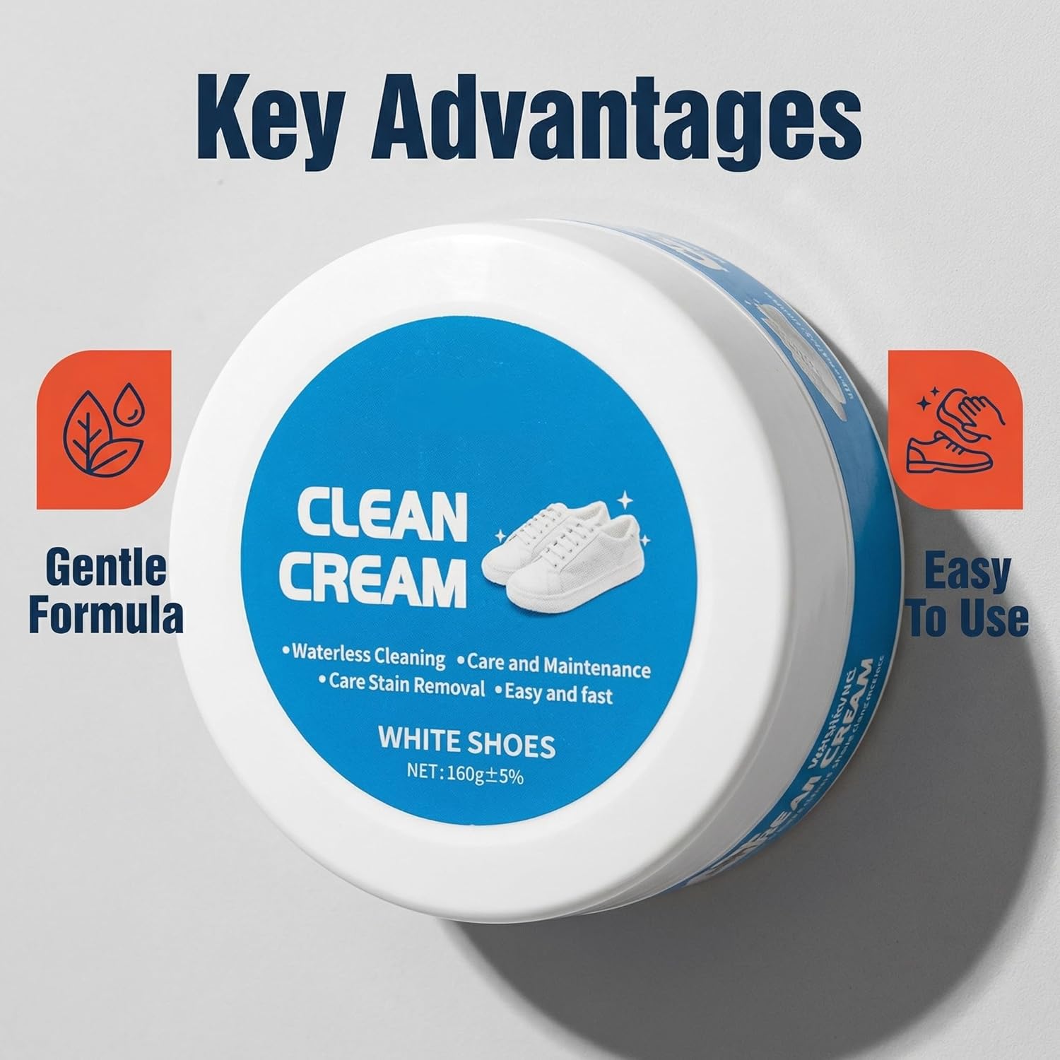 White Shoe Clean Cream, Waterless Sneaker Stain Remover, Care and Maintenance, for Leather & Canvas, 160g