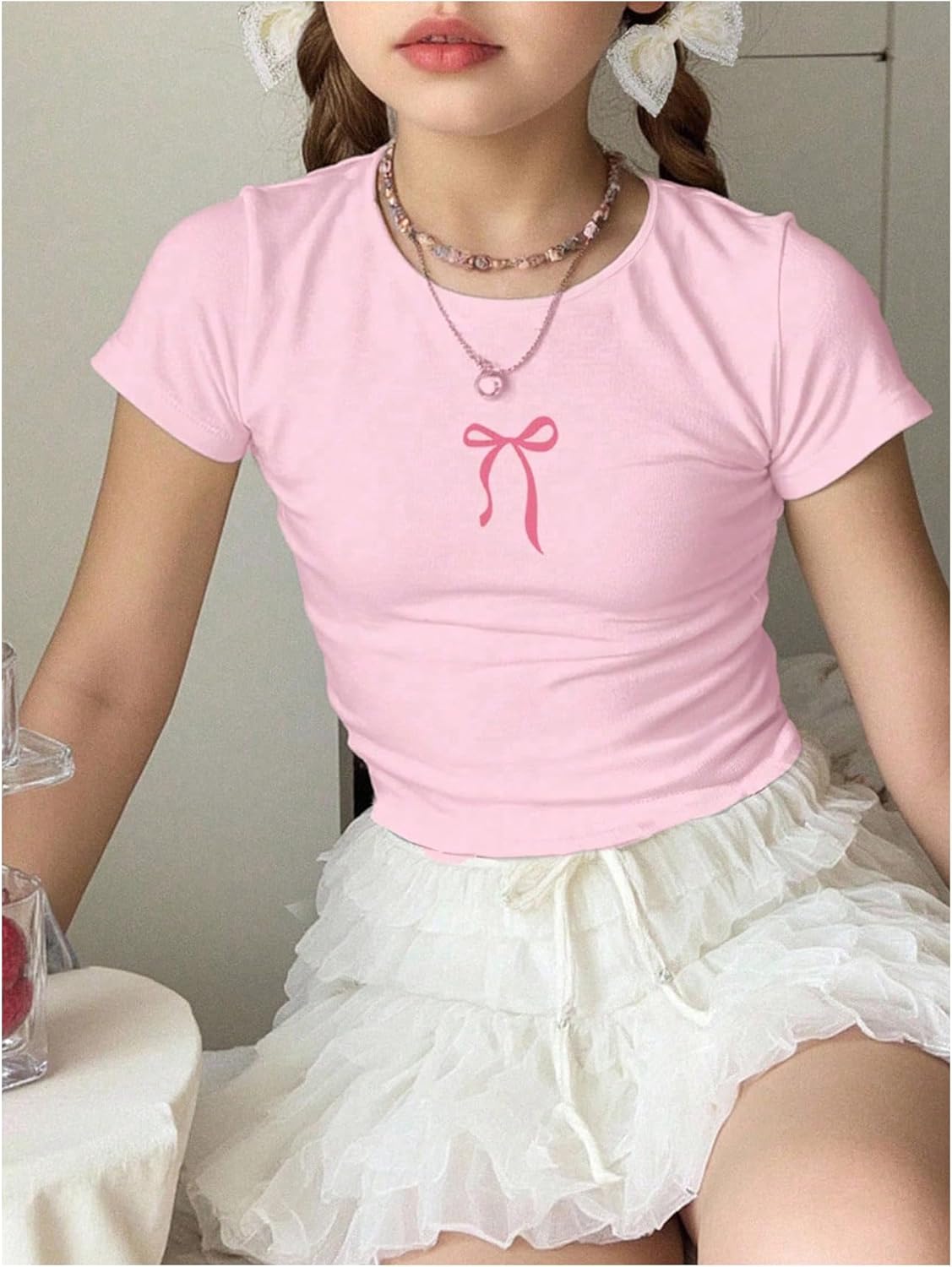 SweatyRocks Girl's Cherry Print Ruched T Shirt Short Sleeve Cute Tee Crop Tops - Image 2