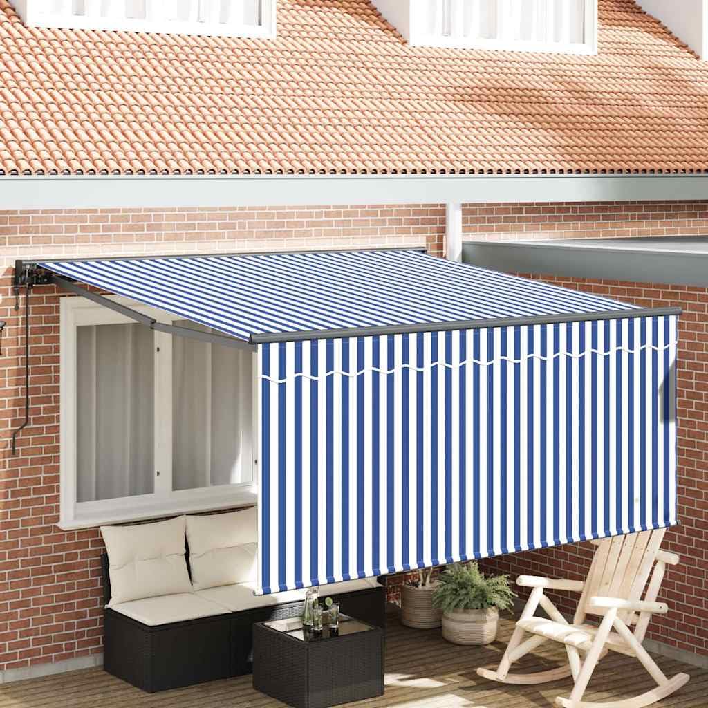 Toldo retráctil azul blanco 300 x 250 cm con mando a distancia, toldo de poliéster y aluminio resistente a la intemperie para terraza jardín, protección solar ajustable, duradero