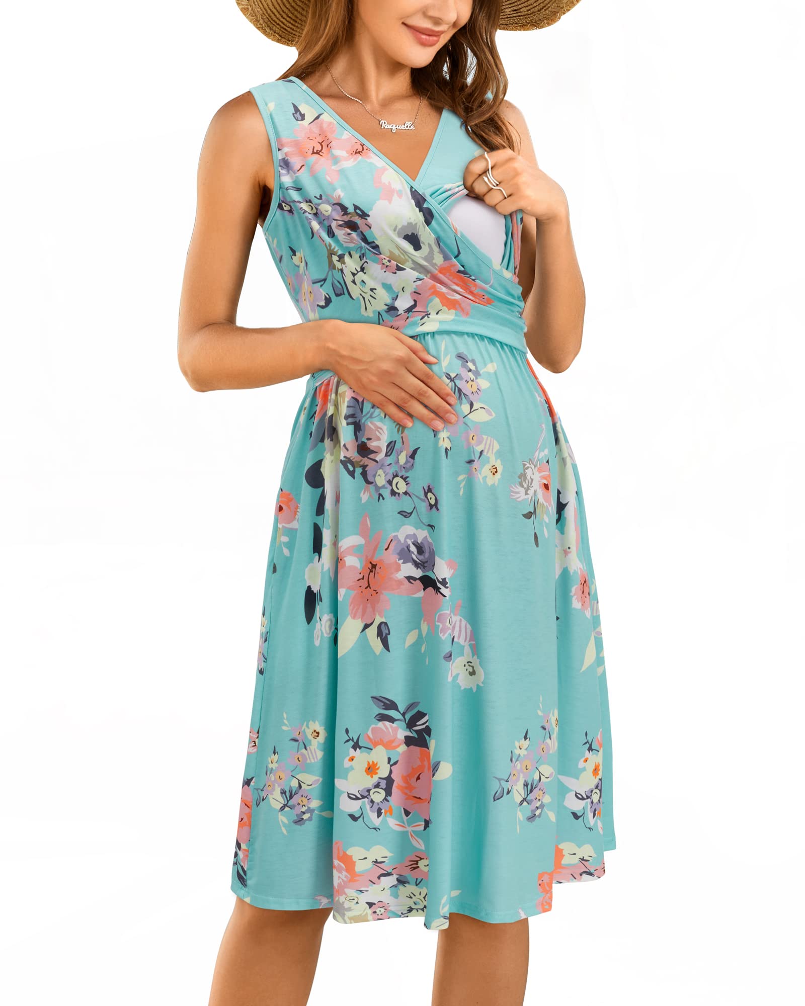OUGESOUGES Summer Womens Maternity Dresses V-Neck Sleeveless Nursing Dress  Casual Floral Breastfeeding Dress with Pockets