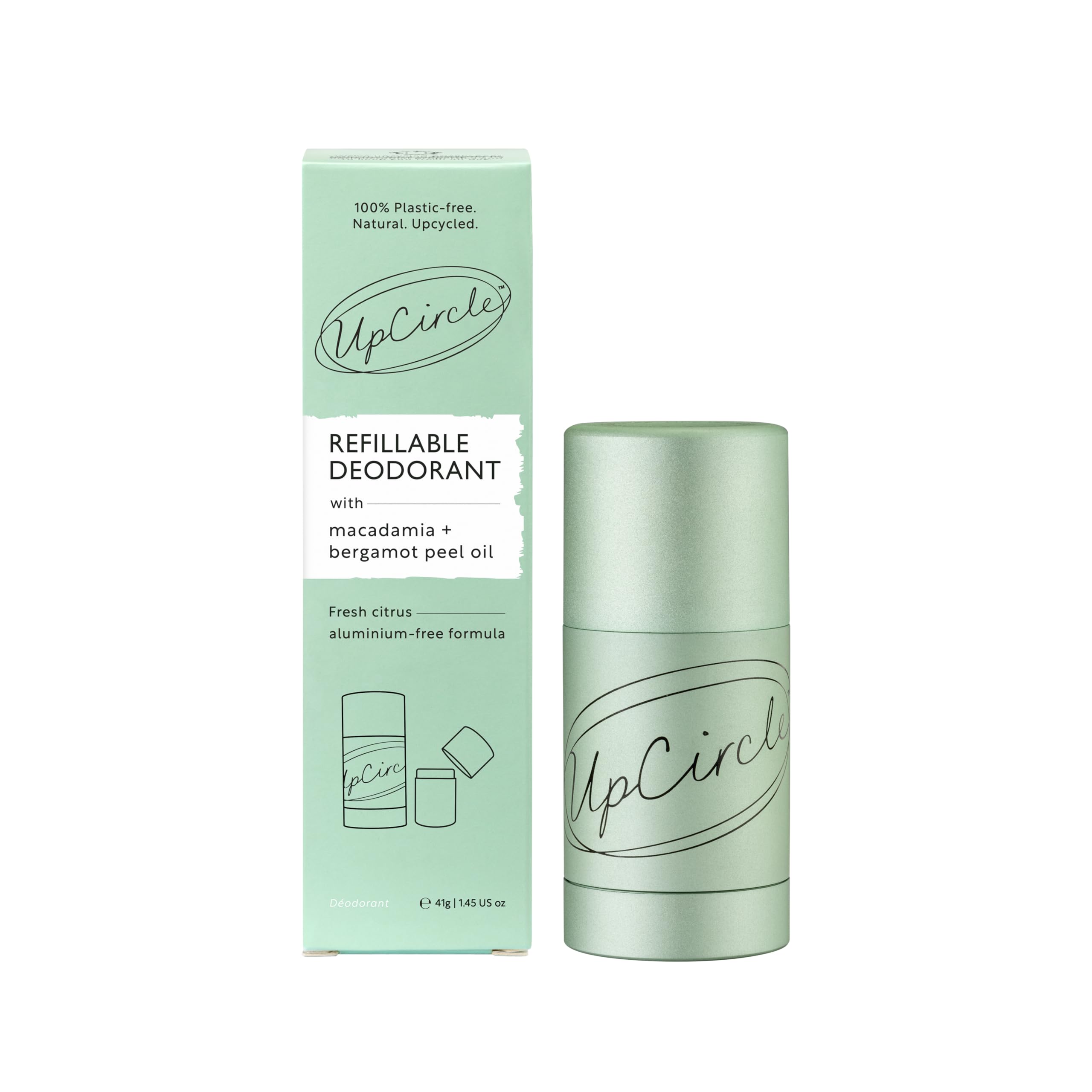 UpCircle Deodorante Ricaricabile con Macadamia + Bergamotto - 1 Astuccio + 1 Ricarica - Adatto per pelli sensibili - Naturale - Idratante - Fino a 24 ore di protezione duratura