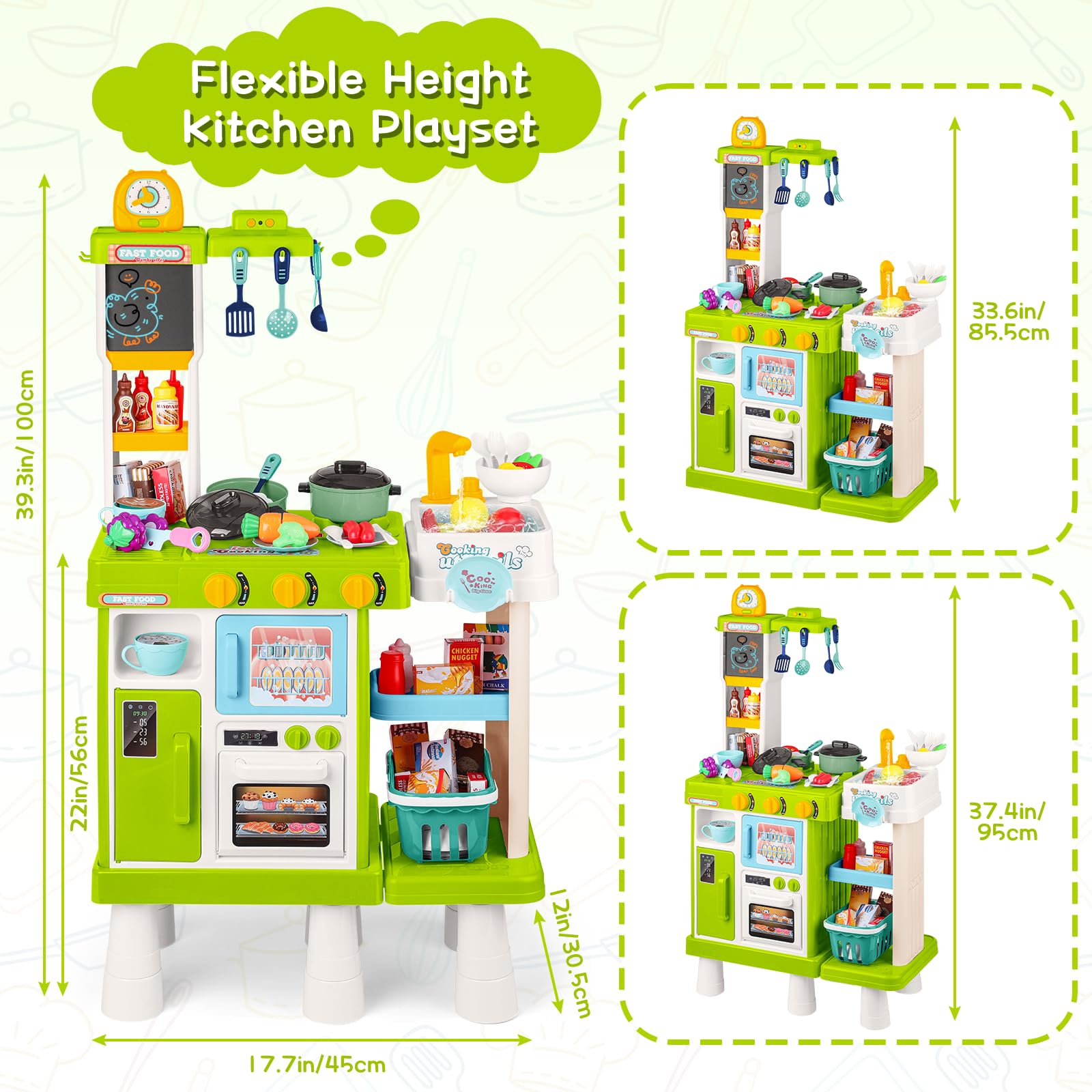 deAO Cucina Giocattolo per Bambini - 54PCS Altezza Regolabile Doppio Lato Gioco di Ruolo da Cucina con Luce Suono Acqua Vapore Frigorifero Lavastoviglie e Accessori | Verde