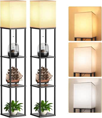 Floor Lamp with Shelves for Living Room, 2 Pack, White Linen Shade, 3 CCT LED Bulb, Corner Standing Organizer Tower