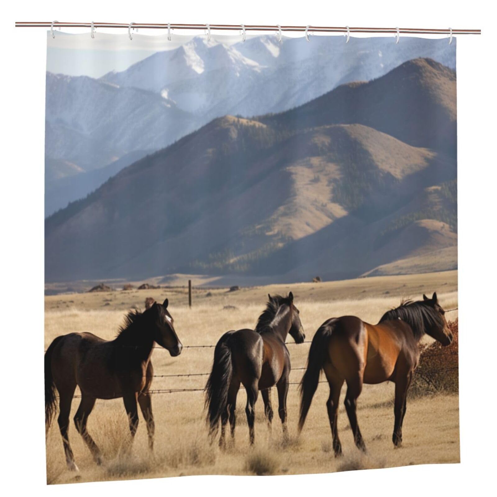 BWWHCCTI Mountain Farm Horses Printed Shower Curtain With 12 Plastic Hooks Opaque Quick Drying Waterproof Shower Curtains Sets For Bathroom 183x183 CM