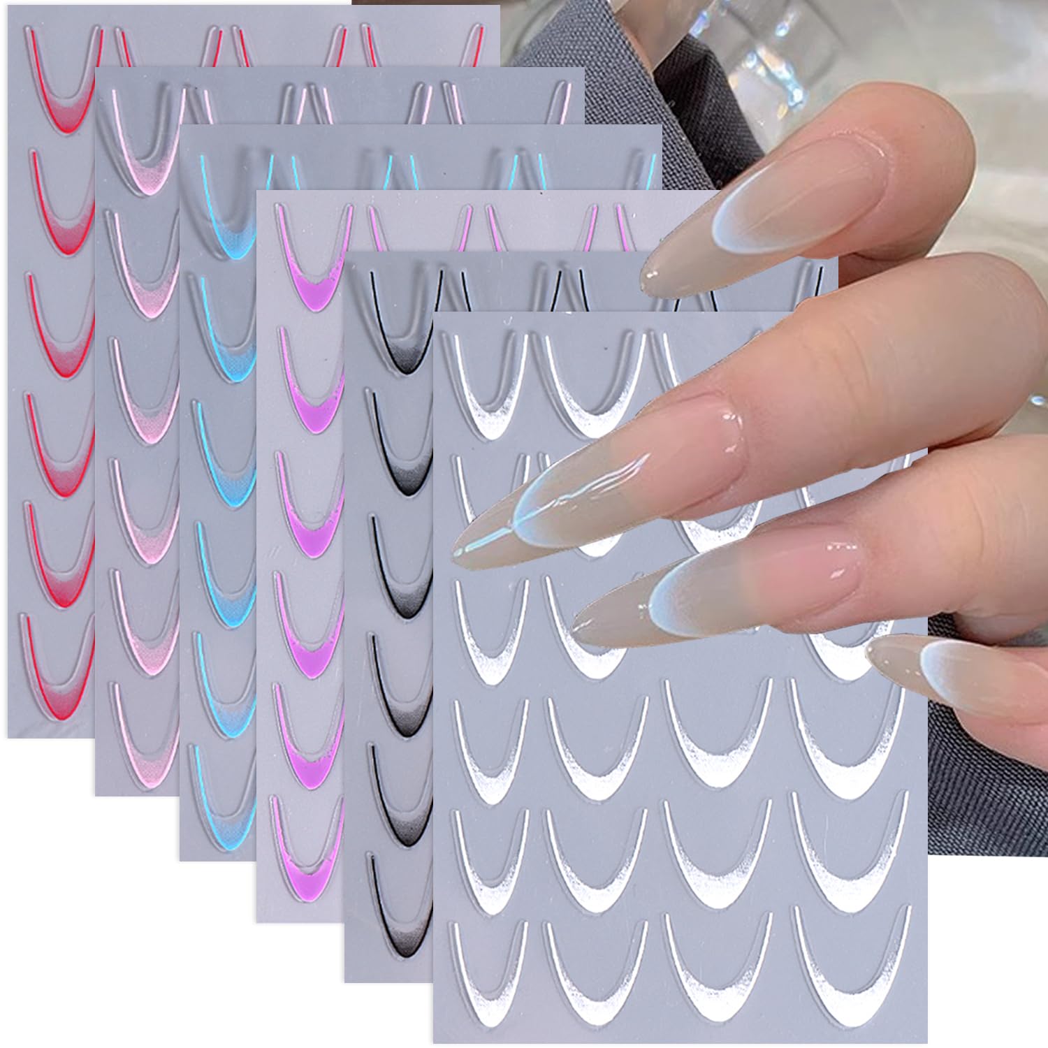 French Tip Nail Stickers - 3D Self-Adhesive Spring & Autumn Acrylic DIY Nail Charm Decoration for Women & Girls - 6 Sheets