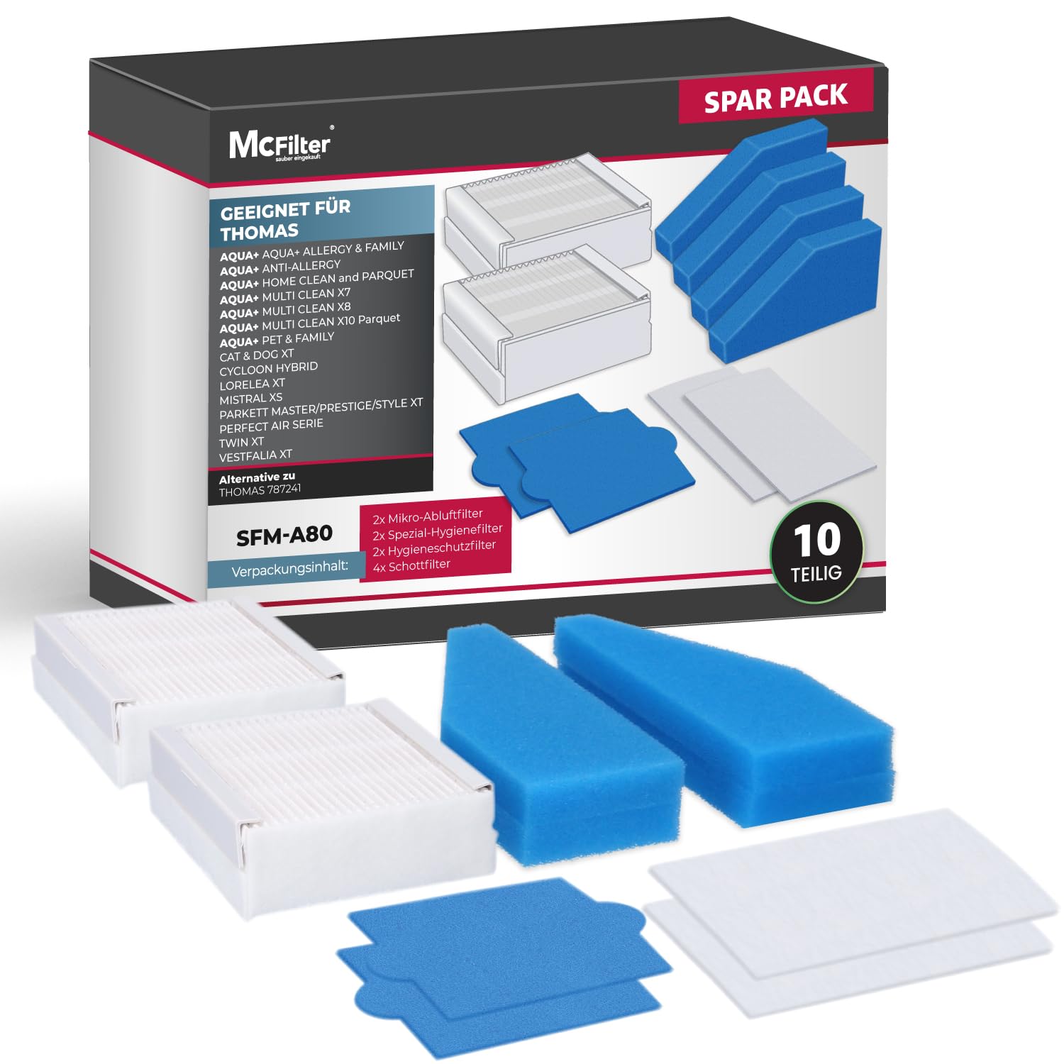 McFilter I 10-teiliges Filter-Set geeignet für THOMAS AQUA+ PET & FAMILY, ANTI-ALLERGY, MULTI CLEAN X7 X8 X10, CAT & DOG XT, PERFECT AIR, PARKETT, CYCLOON I Alternative für Filterset 99 (787241)