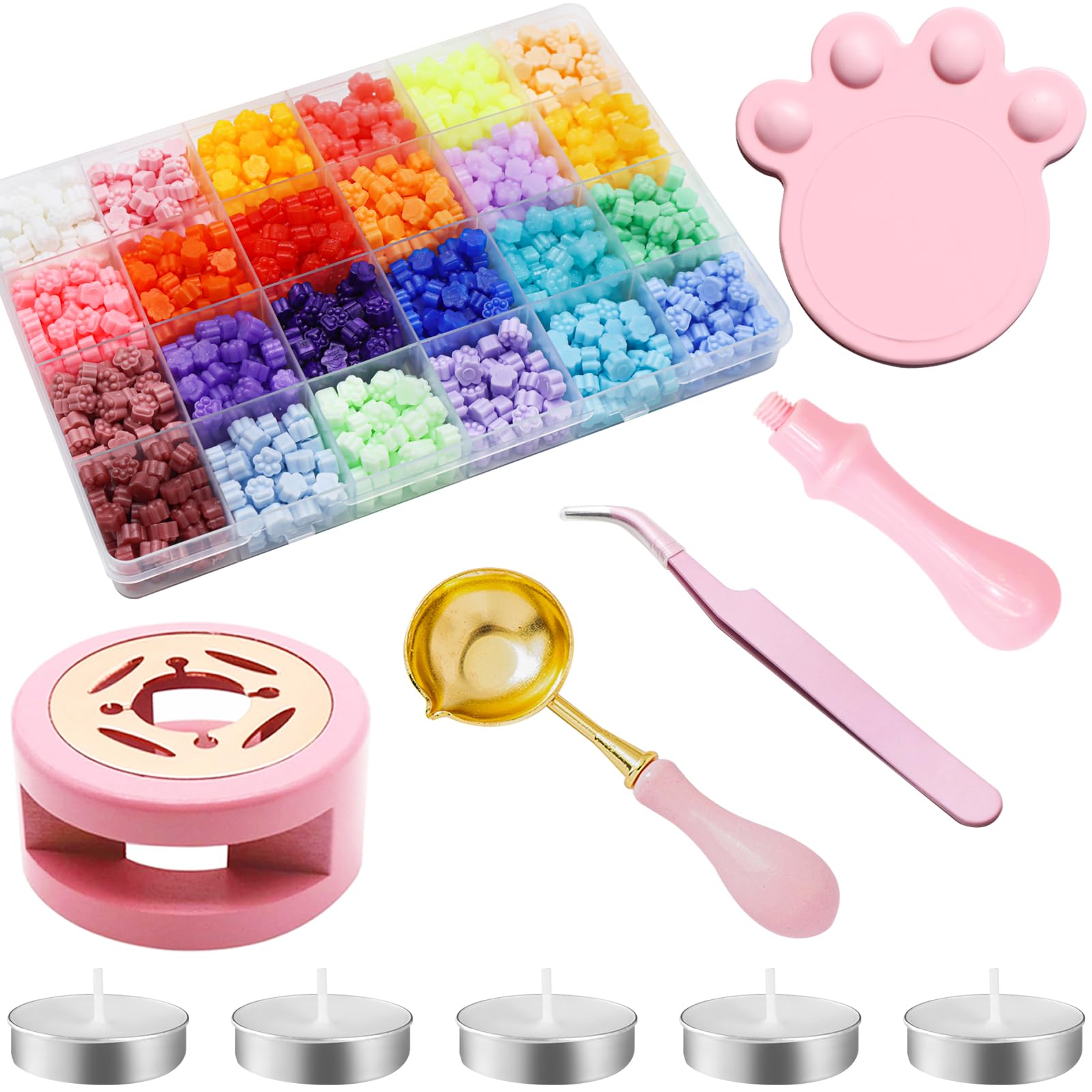 Waltool 1210Pcs Sealing Wax Beads Kit for Beginners, 24 Colors Wax Seal Beads, Spoon, Handle, Tea Candles for Crafting Journaling Scrapbooking Party Wedding Invitations