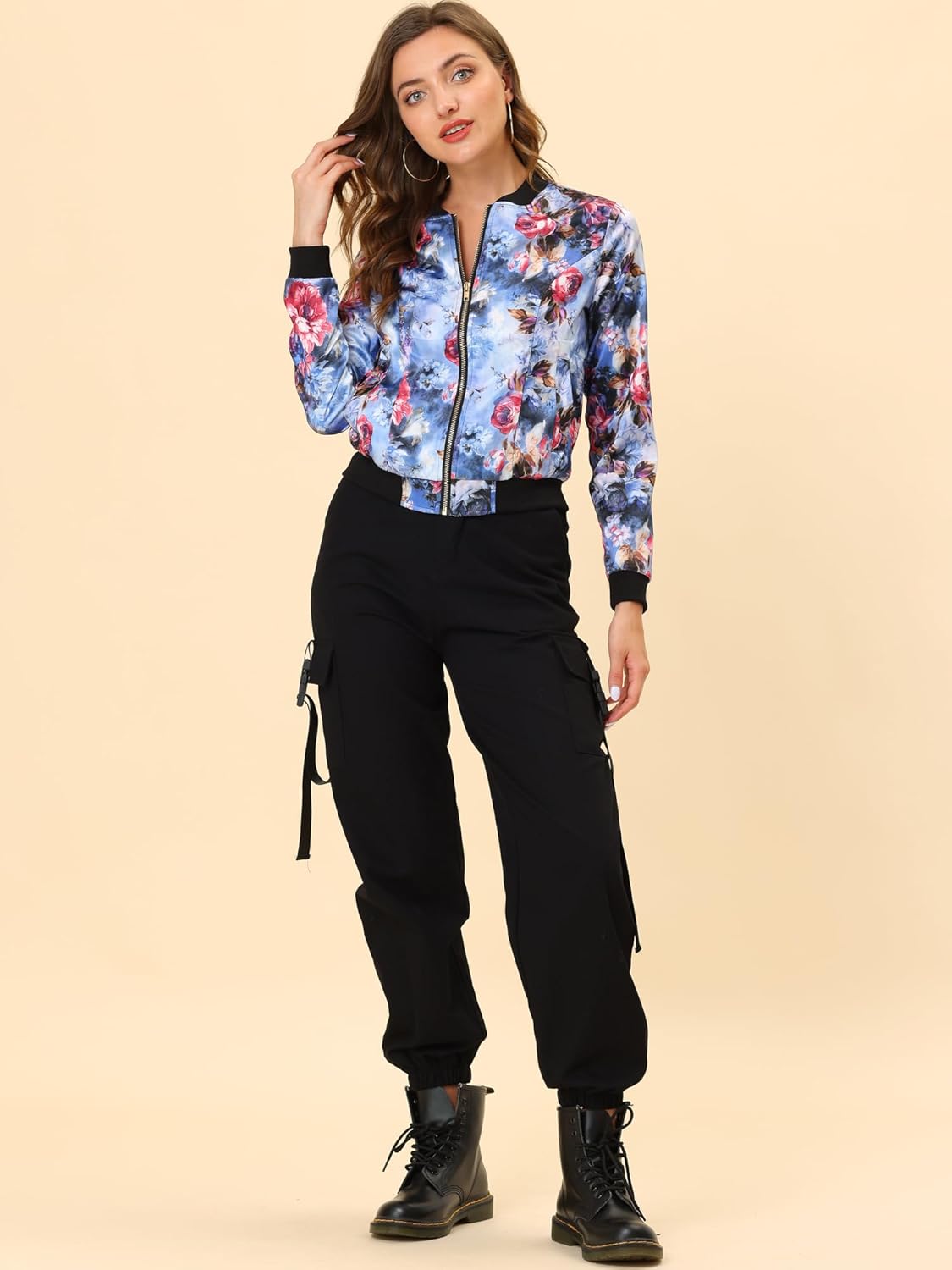 Allegra K Women's Bomber Jacket Satin Long Sleeve Zipper Floral Print Casual Fall Coat with Pocket Winter Outwear - Image 3