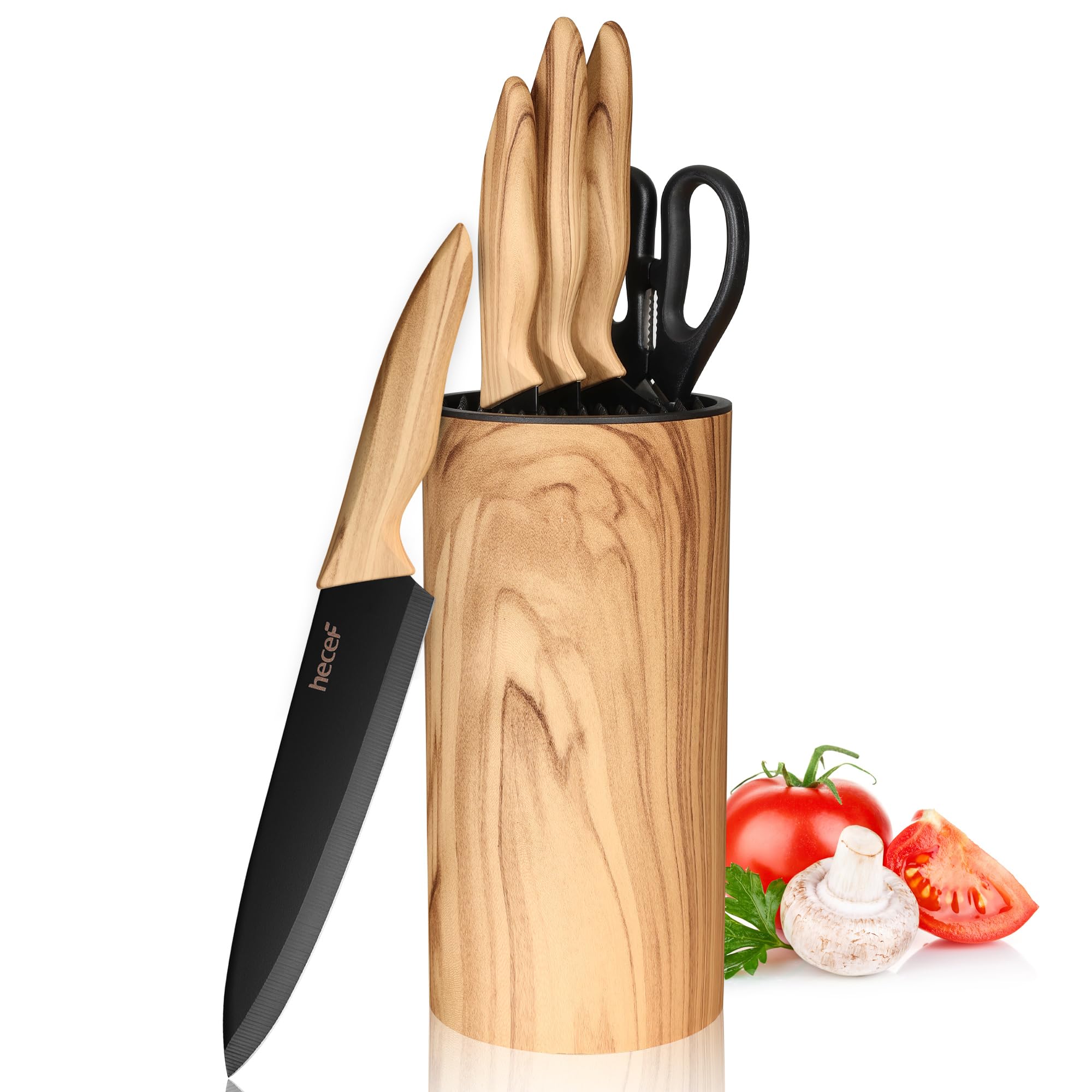 hecef Bloc Couteaux 6 Pièces avec Bloc Universel, Couteaux de Cuisine En Acier Inox, Couteau de Chef & Santoku, Ultra Tranchant, Manches Ergonomiques, Lames Noires Antiadhésives, Maison et les Cadeaux