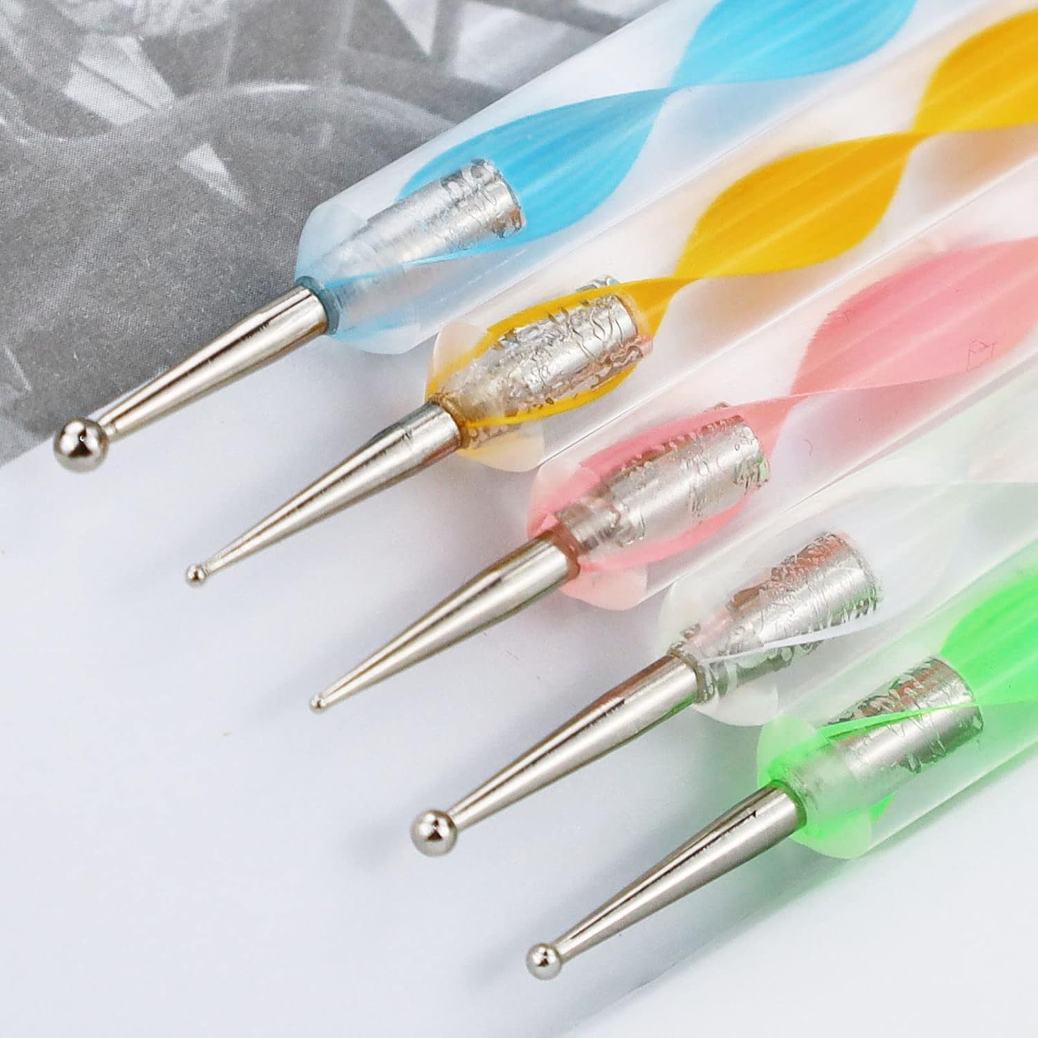5 pezzi Dotting Pen, Pennelli Nail Art, nail art pens, doppia punta, con 1 pezzo di 5 g piccolo flacone rotondo, per nail art, fai da te, nail design, salone di bellezza, salone di manicure
