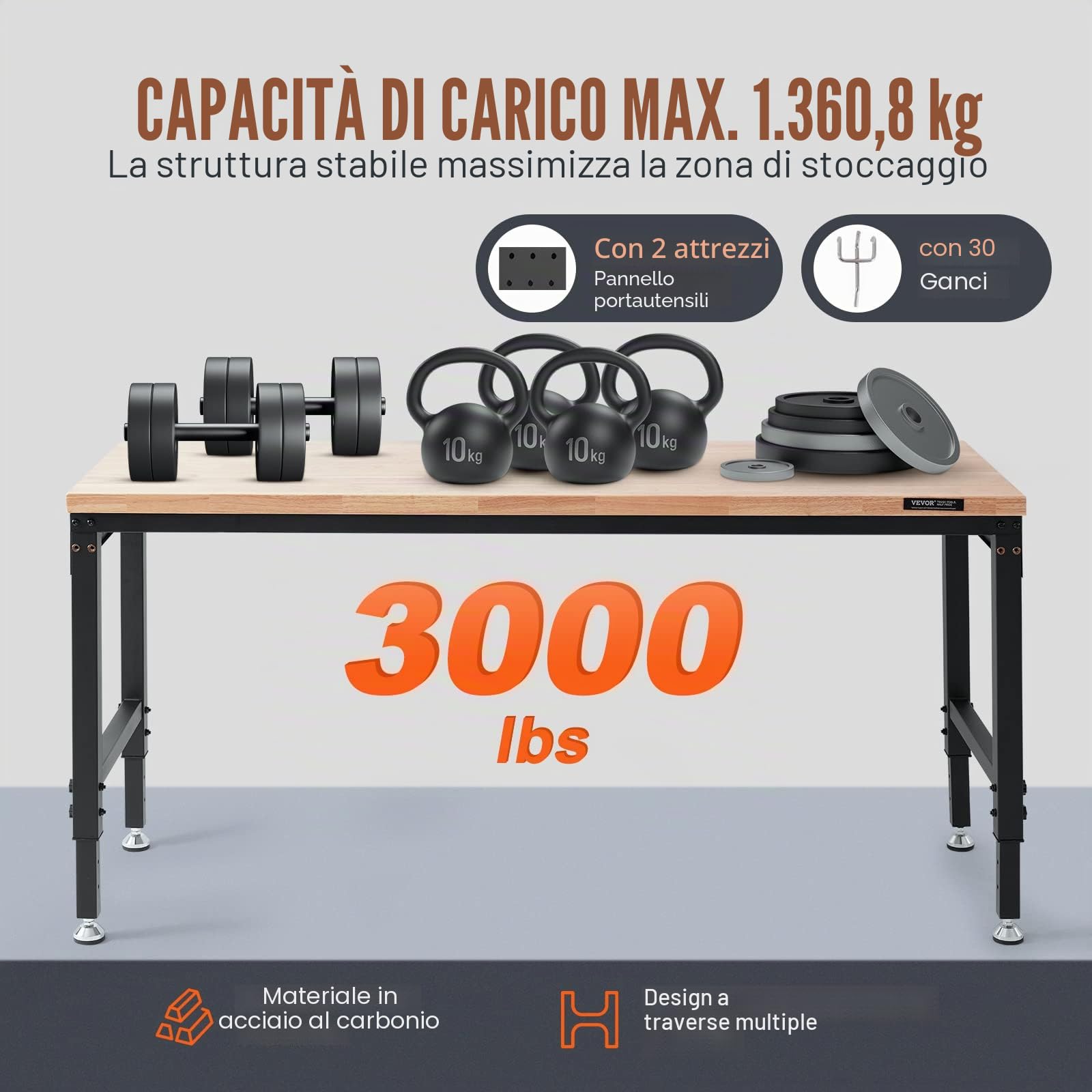 VEVOR Banco da Lavoro Regolabile Tavolo Lavoro Dimensioni Piano 1829 x 635mm Altezza Regolabile 71,1-100,3 cm Carico max. 1361kg, Tavolo con Prese di Corrente Piano in Legno per Ufficio, Casa, Garage
