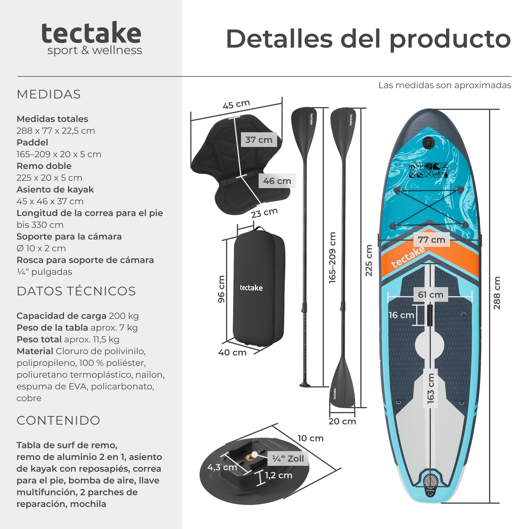 tectake® Tabla Sup Hinchable, Soporte Cámara, 200 kg, Antideslizante | Asiento de Kayak, hasta 200 kg, Antideslizante, 288 cm, Material Drop-Stitch, Raqueta Doble Ajustable, SUP, Turquesa/Naranja